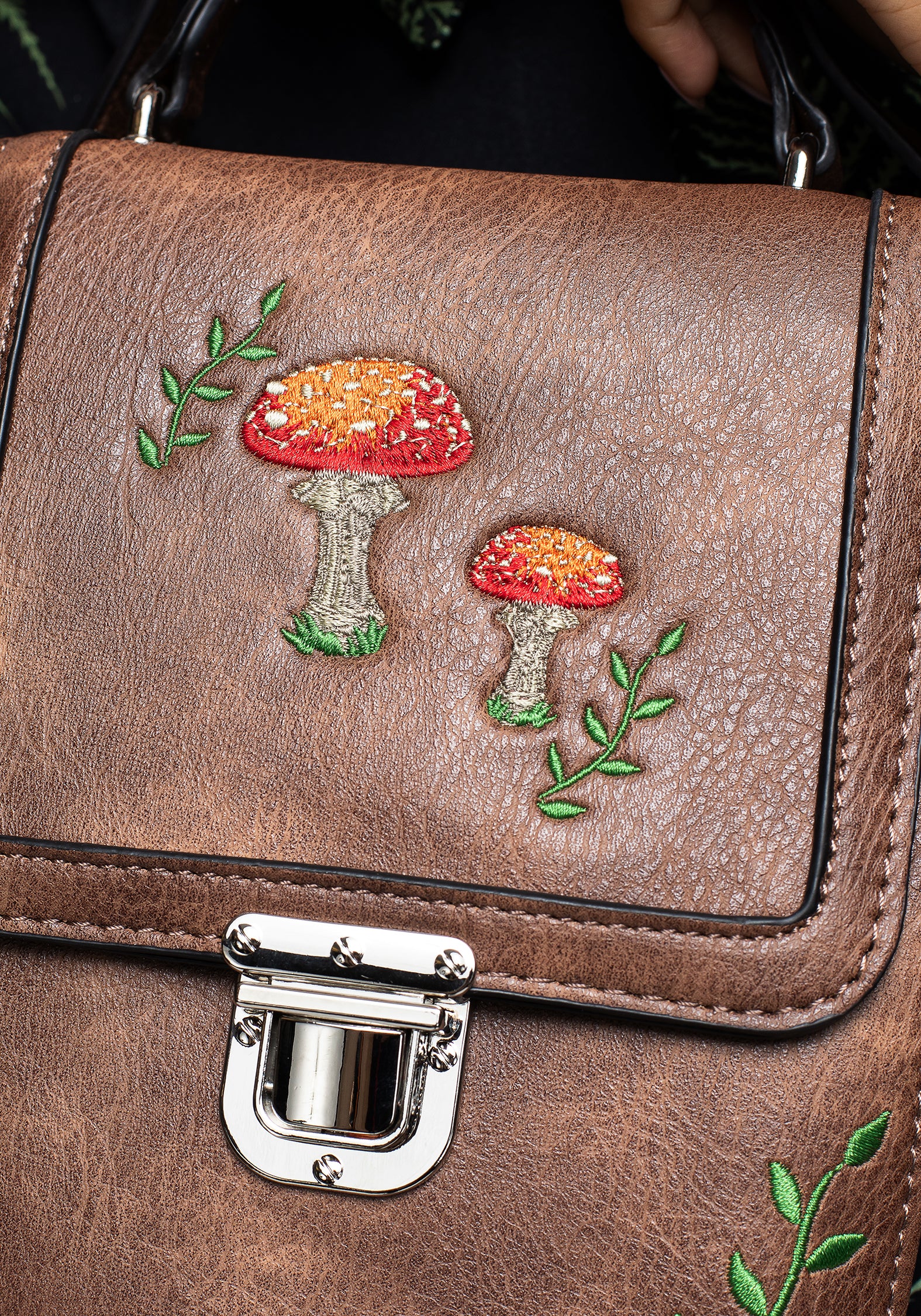 Brown Embroidered Mini Satchel Bag with Adjustable Strap | Fable
