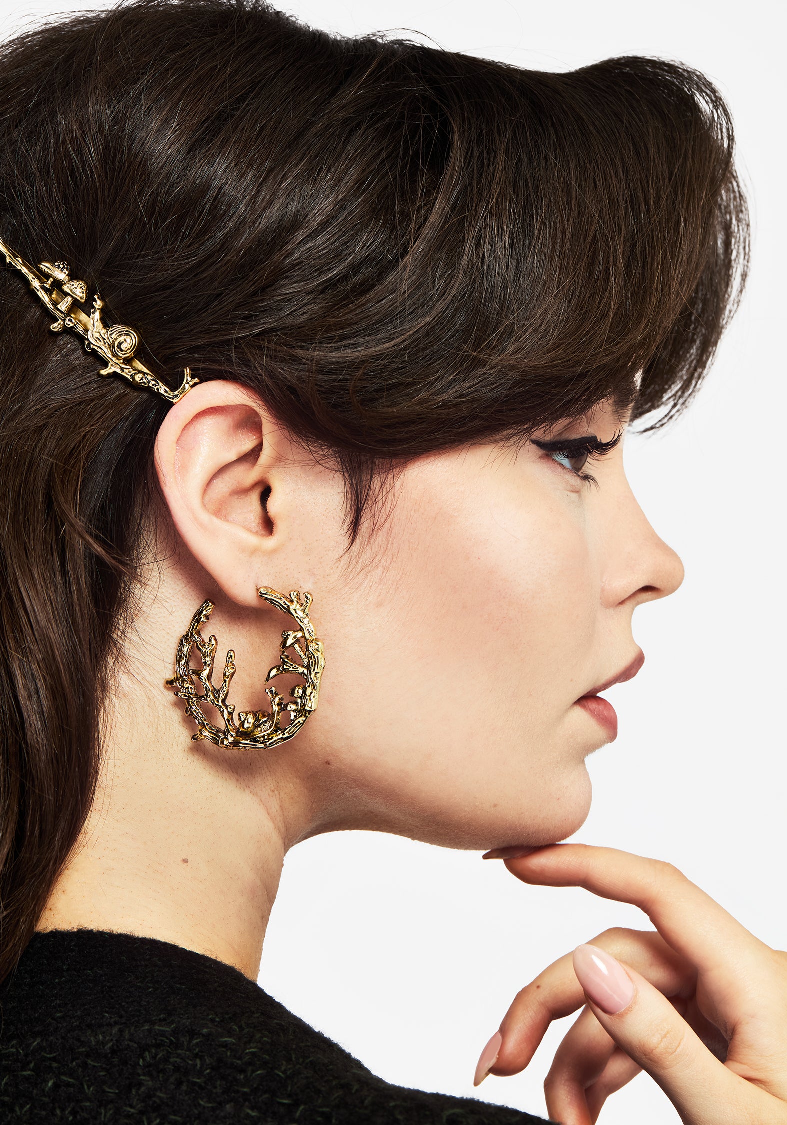 Gold Plated Zinnia Hoop Earrings with Toadstool & Snail Design | 4.5cm Diameter