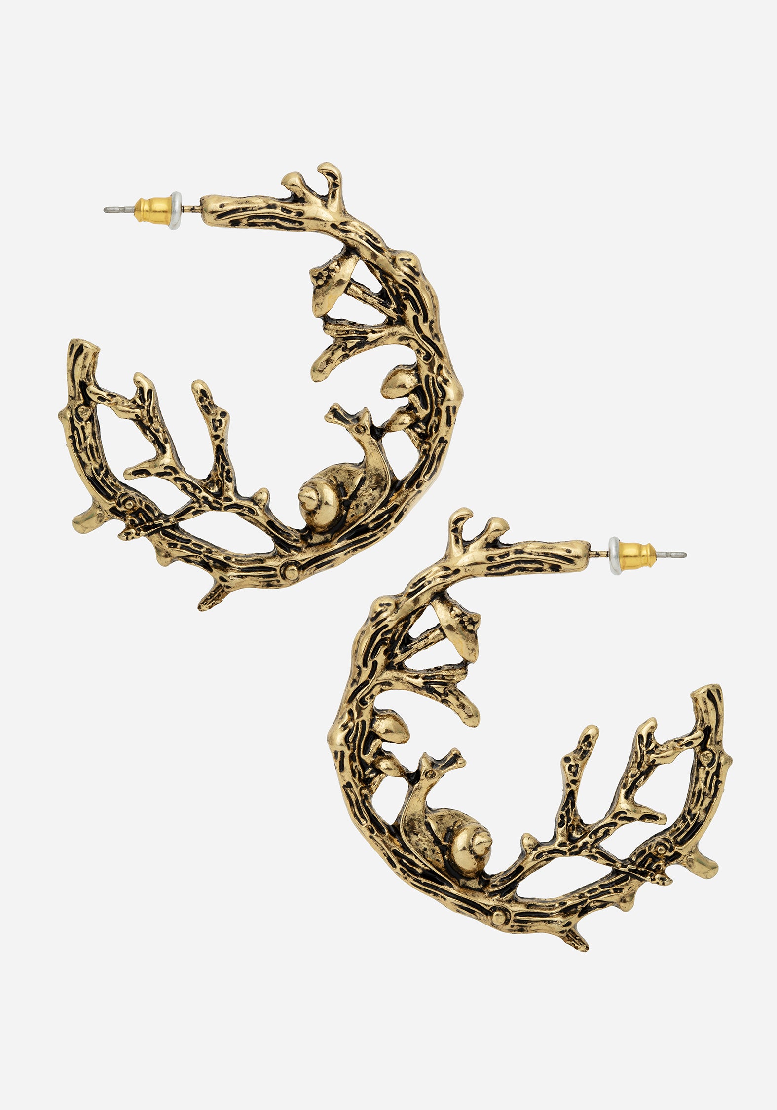 Gold Plated Zinnia Hoop Earrings with Toadstool & Snail Design | 4.5cm Diameter