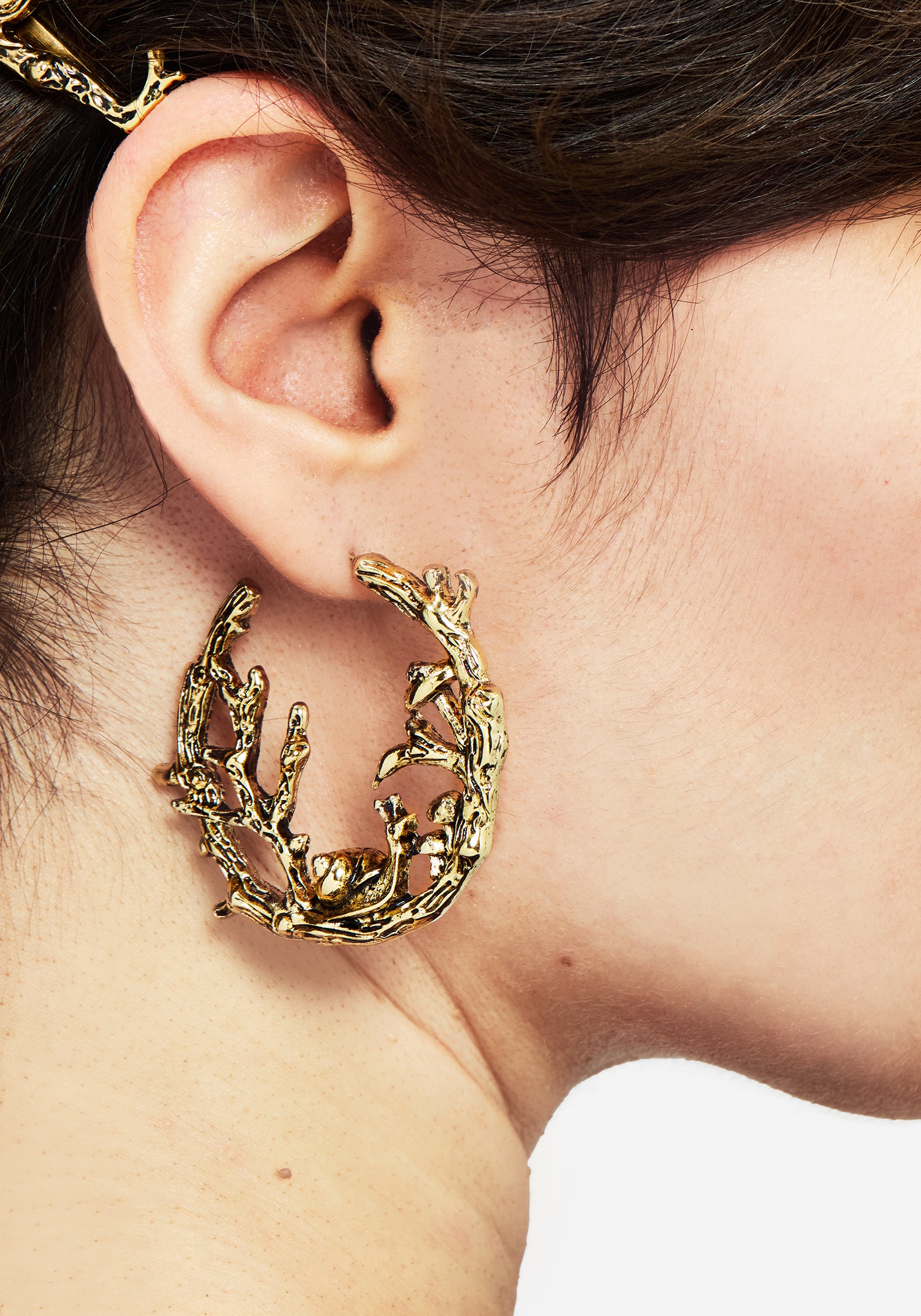 Gold Plated Zinnia Hoop Earrings with Toadstool & Snail Design | 4.5cm Diameter