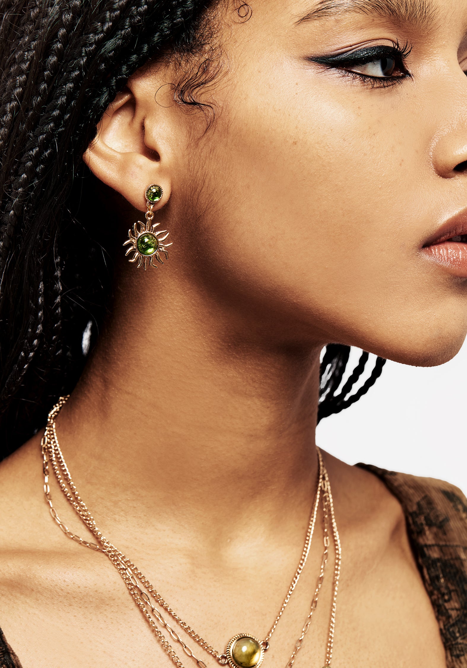 Gold-Plated Sun Drop Earrings with Green Algae Gem | Xanthe