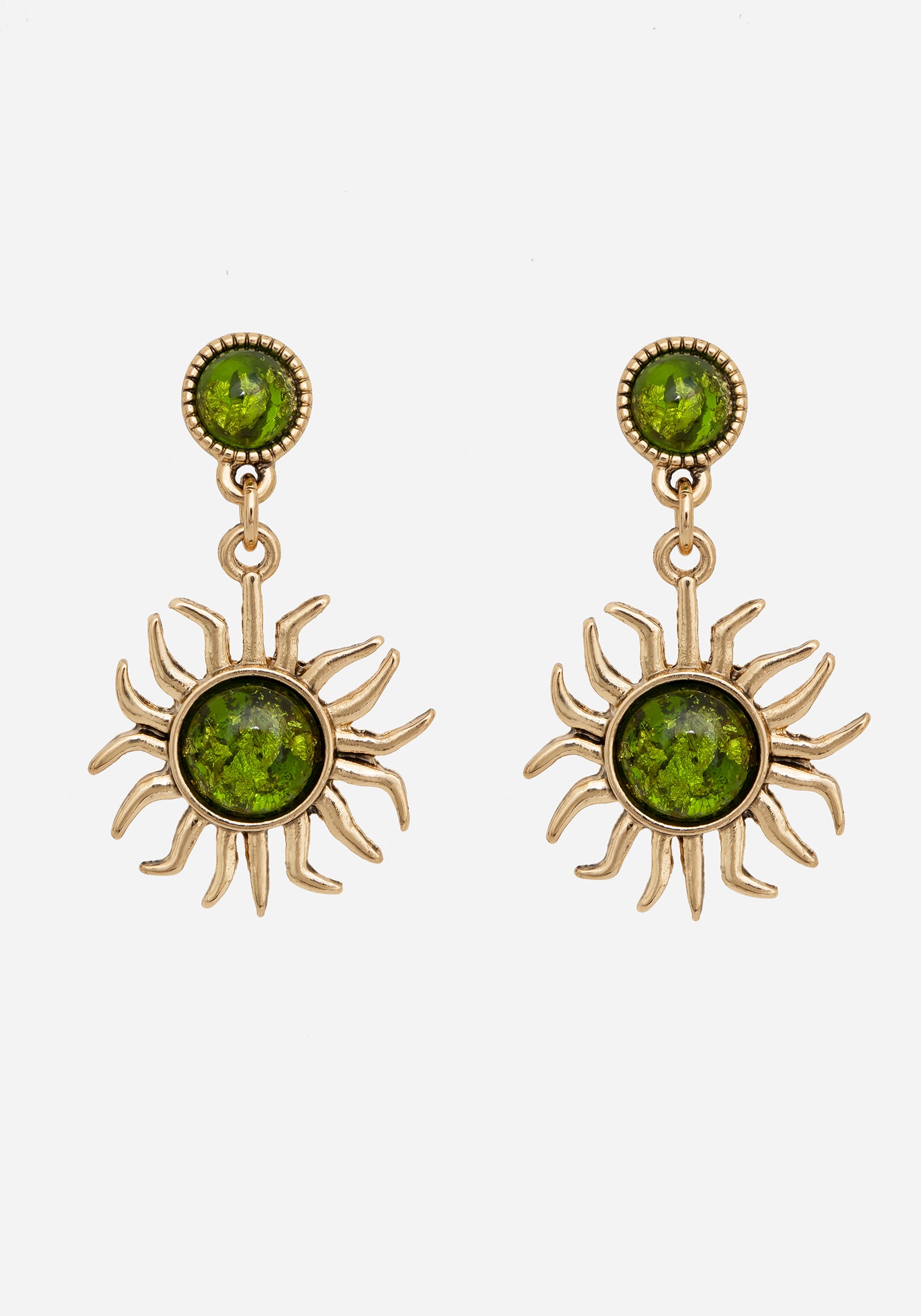 Gold-Plated Sun Drop Earrings with Green Algae Gem | Xanthe