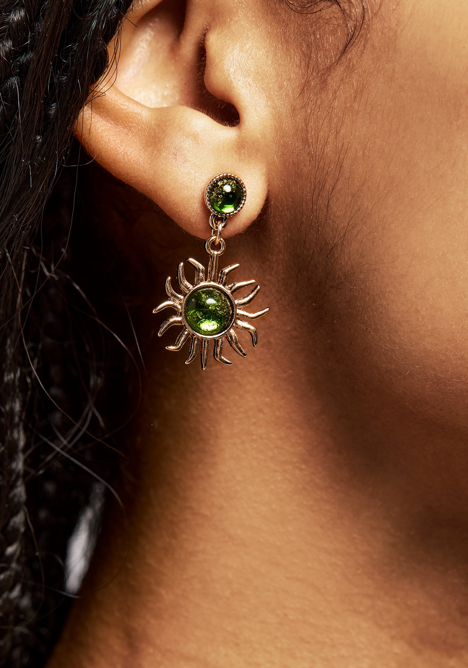 Gold-Plated Sun Drop Earrings with Green Algae Gem | Xanthe
