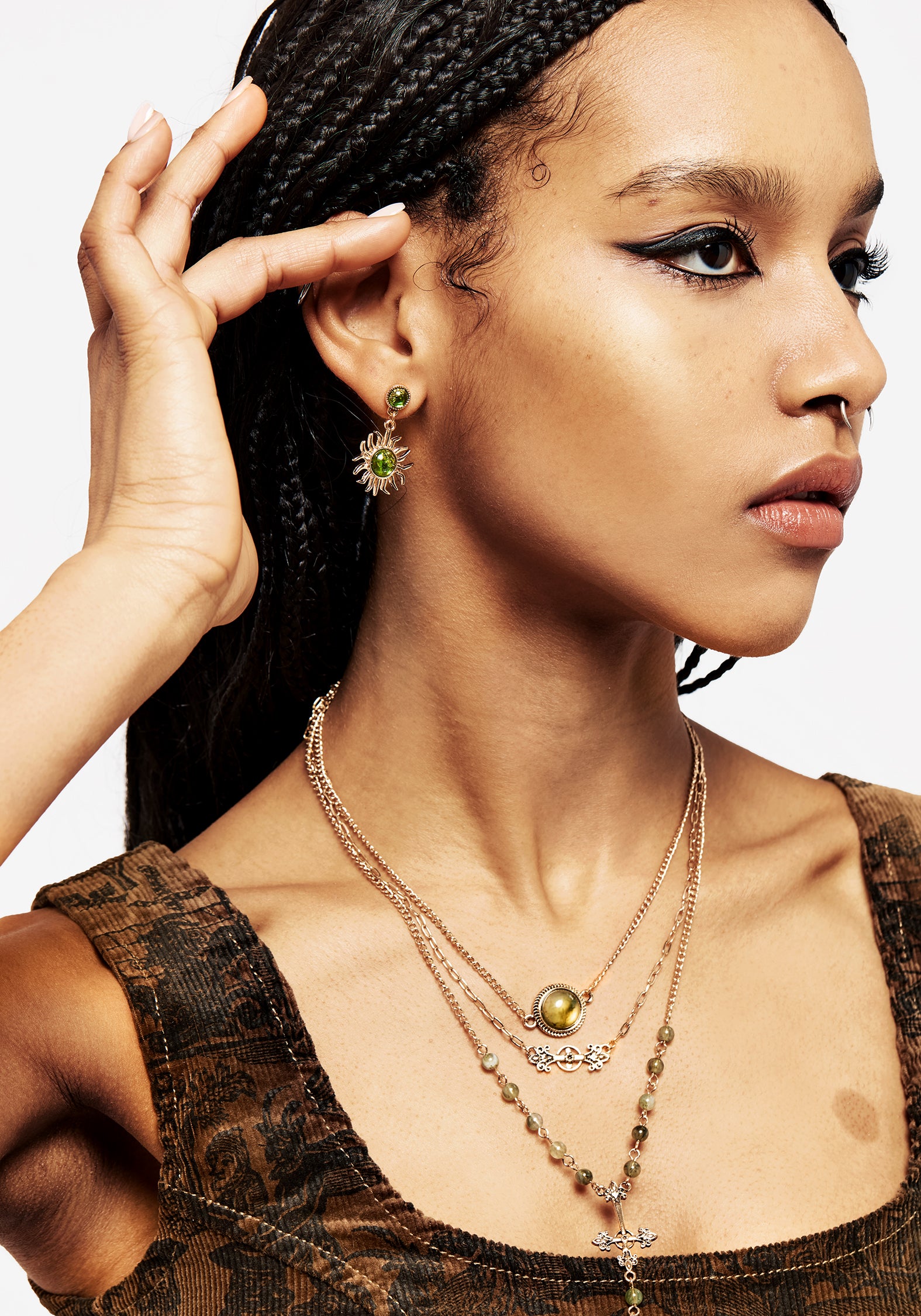 Gold-Plated Sun Drop Earrings with Green Algae Gem | Xanthe