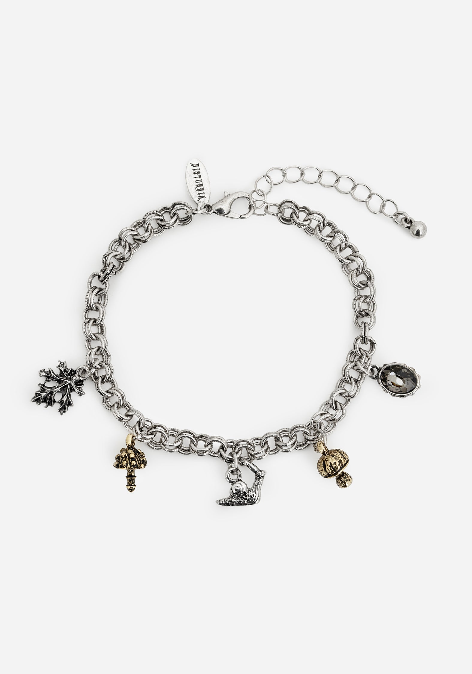 Toadstool Charm Bracelet with Leaf Design | Recycled Zinc & Faux Stone