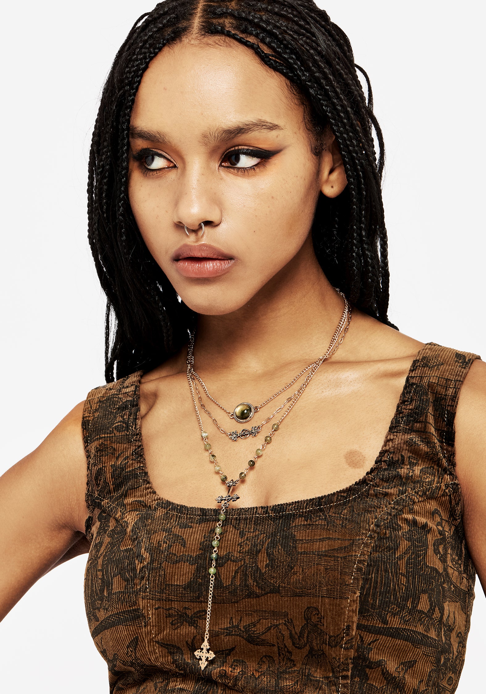 Layered Gemstone Necklace with Gold Chain & Green Gems | Viridity