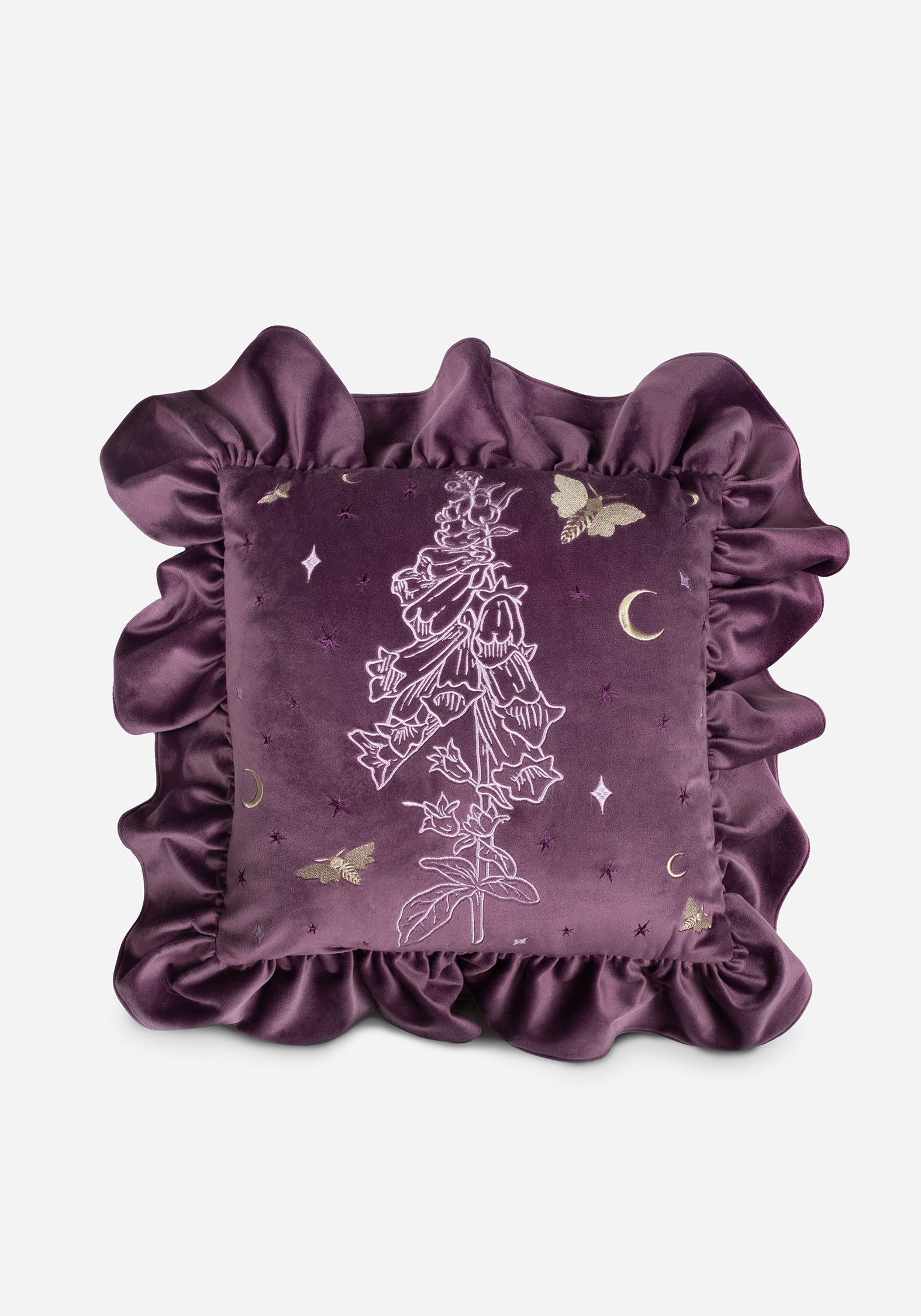 Foxglove Embroidered Velour Cushion with Ruffle Trim | Square Home Decor