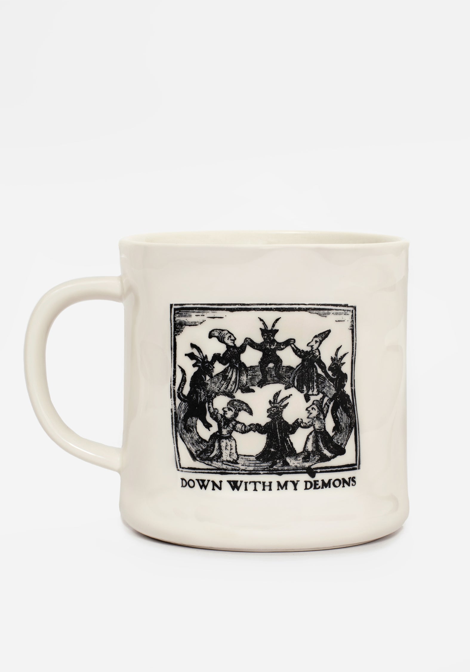 Hand-Wrought Demon Mug with 18th Century Woodcut Print | Ivory Speckled Finish
