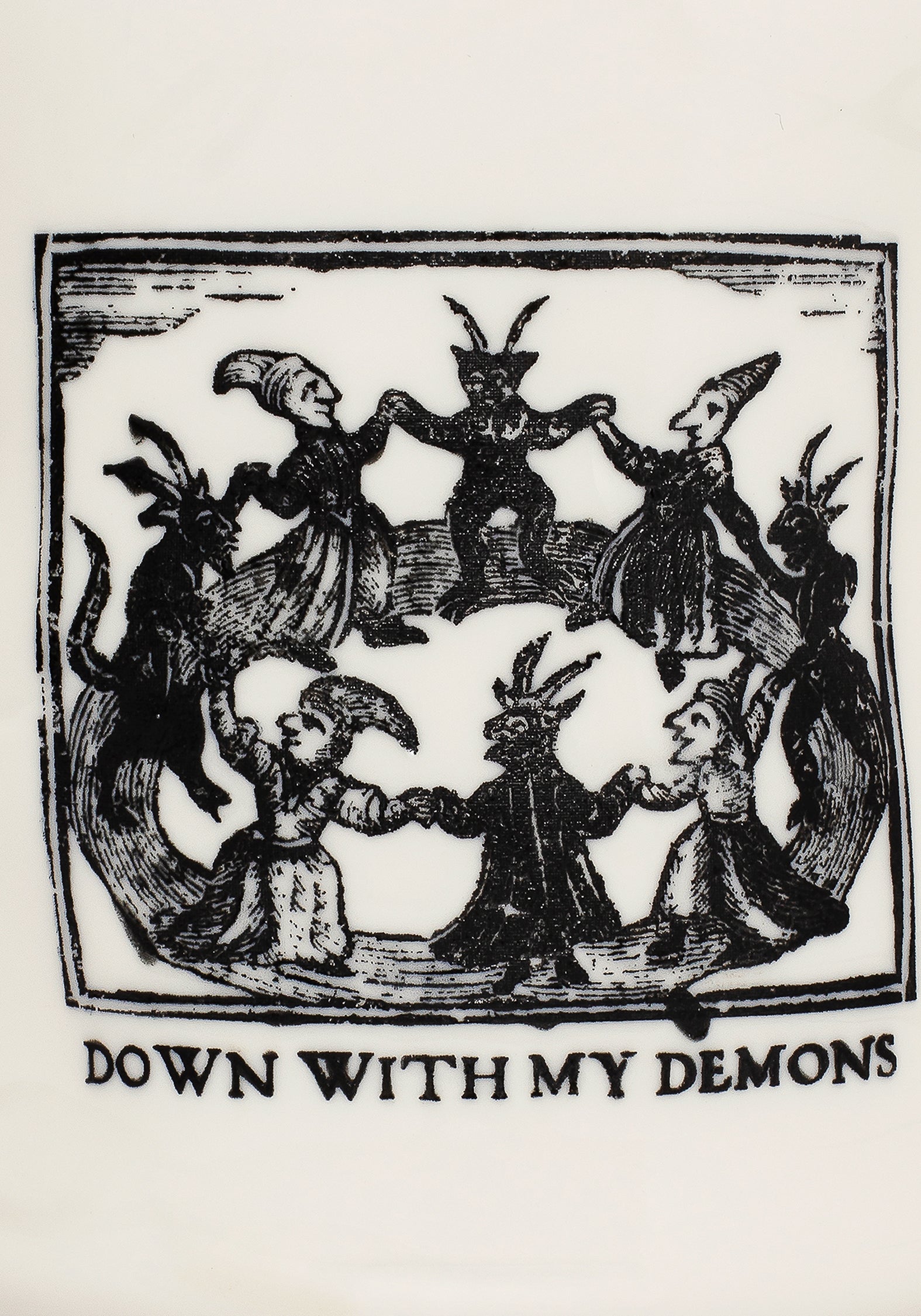 Hand-Wrought Demon Mug with 18th Century Woodcut Print | Ivory Speckled Finish