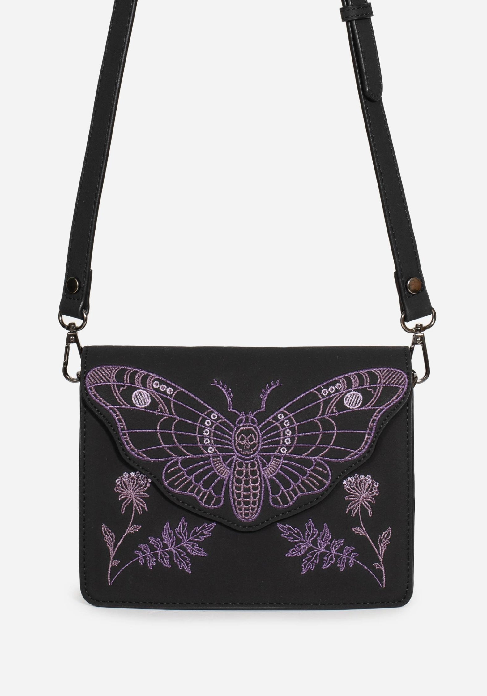 Embroidered Mini Crossbody Bag with Moth Design | PU Leather