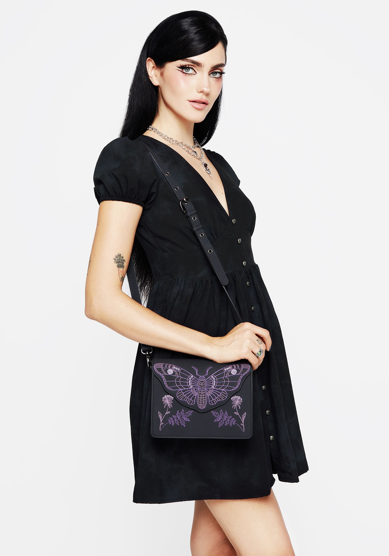 Embroidered Mini Crossbody Bag with Moth Design | PU Leather