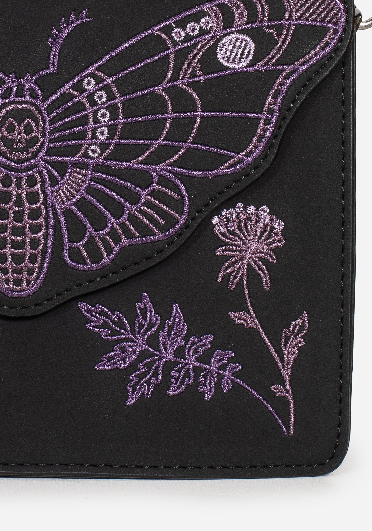 Embroidered Mini Crossbody Bag with Moth Design | PU Leather