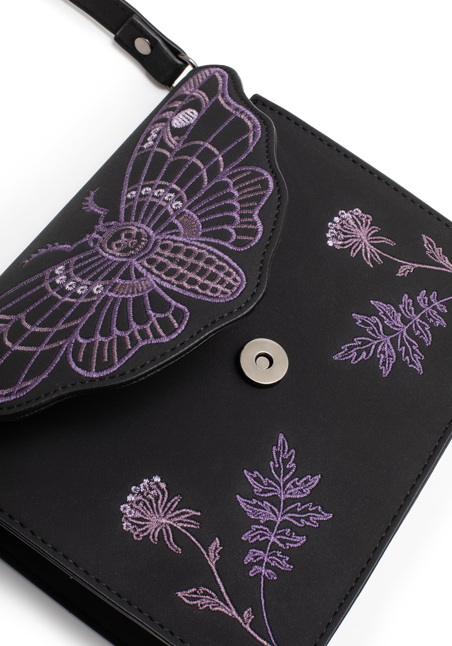 Embroidered Mini Crossbody Bag with Moth Design | PU Leather