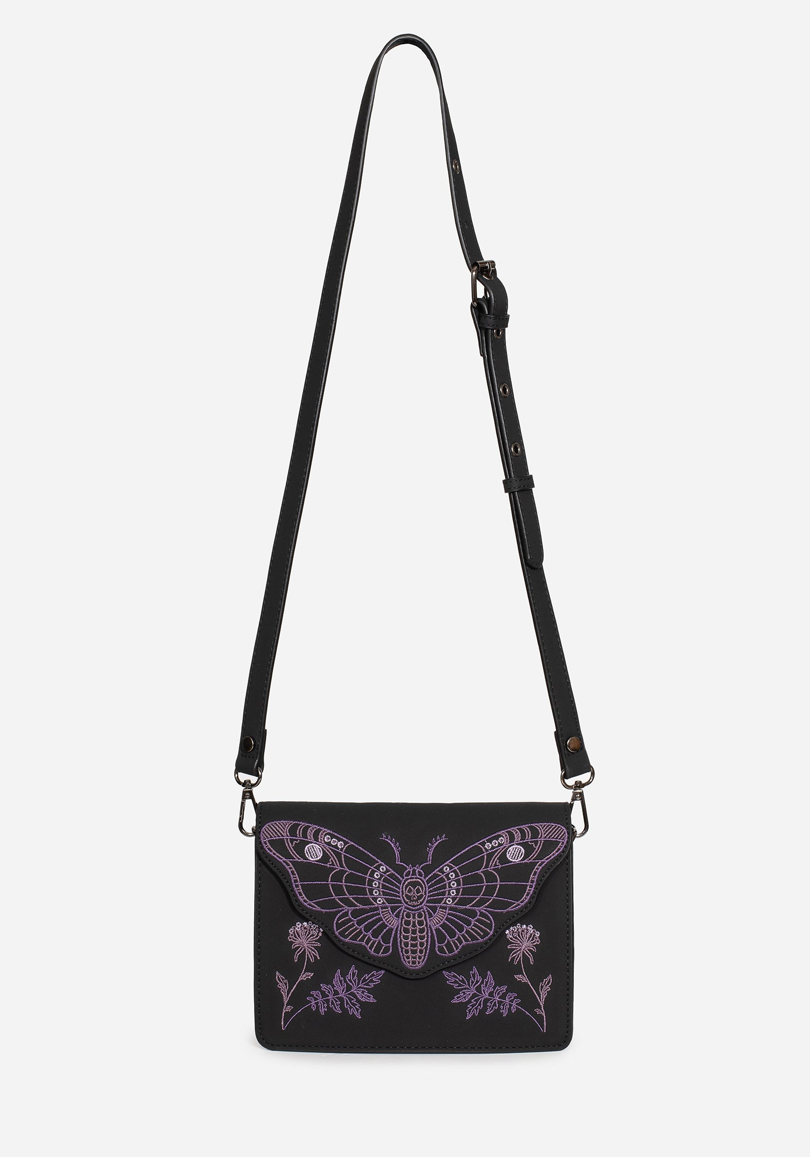 Embroidered Mini Crossbody Bag with Moth Design | PU Leather