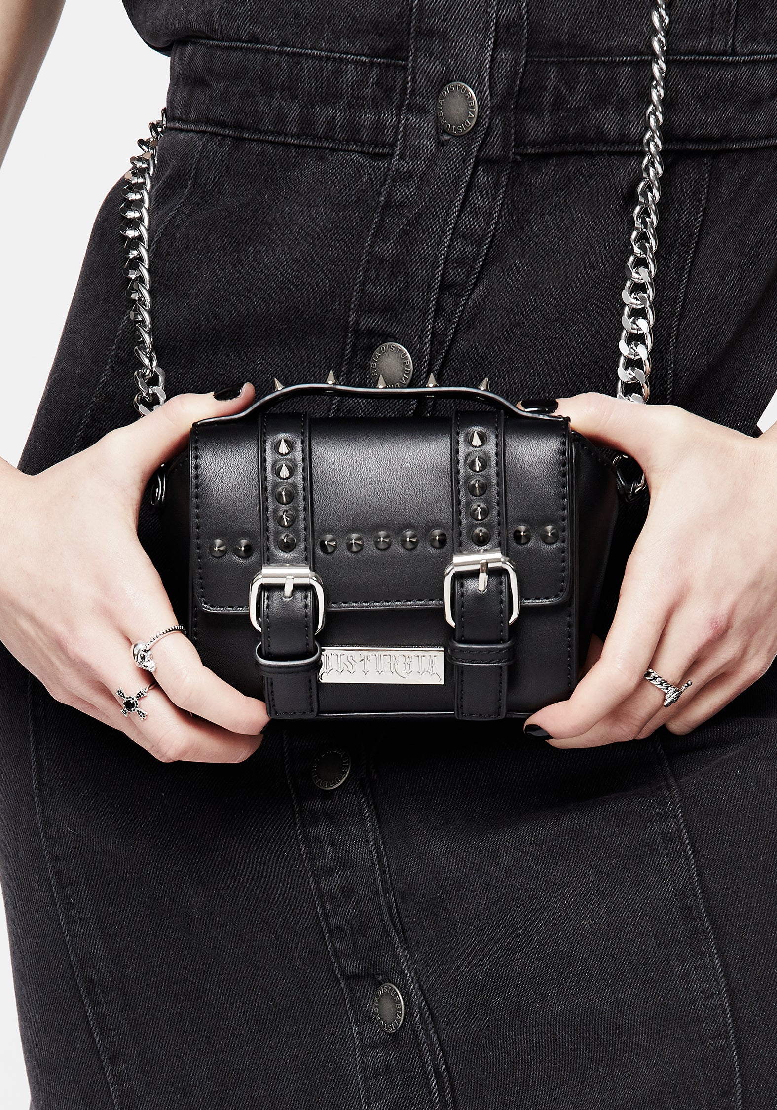 Mini Spiked Shoulder Bag | Faux Leather with Studs & Chain Strap