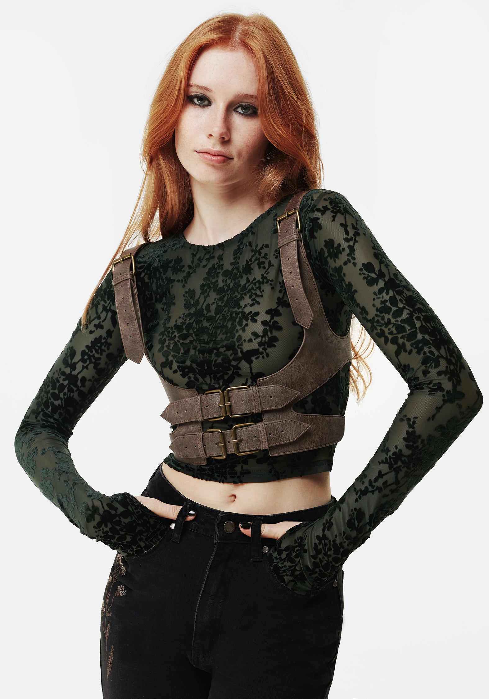 Brown Faux Leather Cut-Out Harness with Adjustable Buckles | Clementine