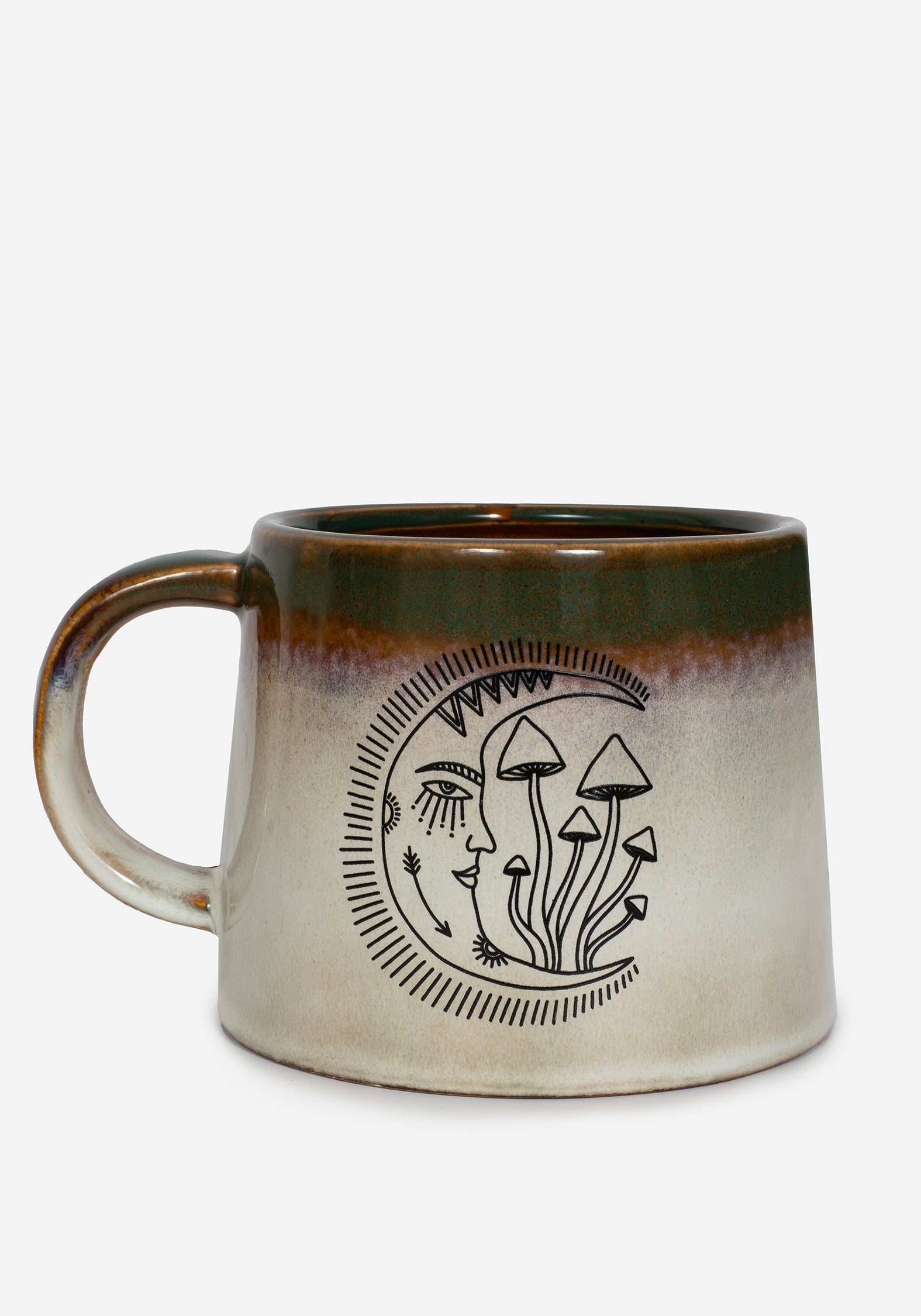 Ombré Mushroom Moon Print Mug | Green & White Handcrafted Ceramic