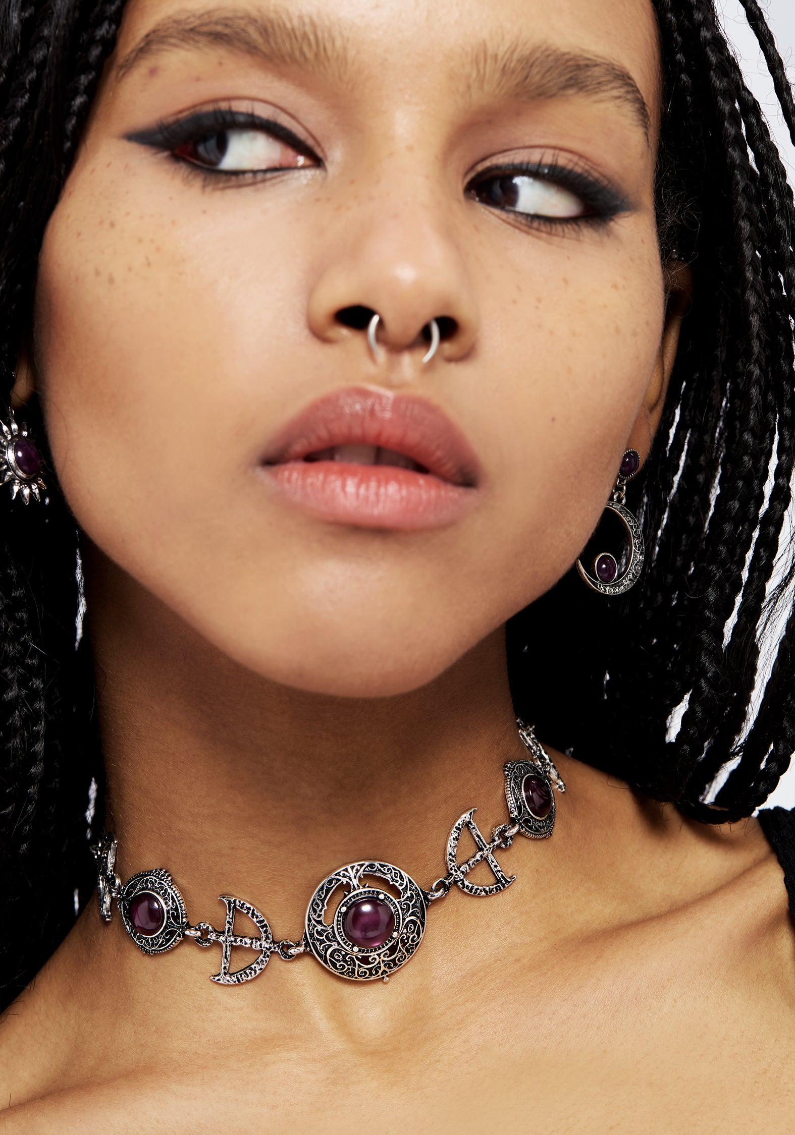 Silver Charm Choker Necklace with Purple Gems | Manea