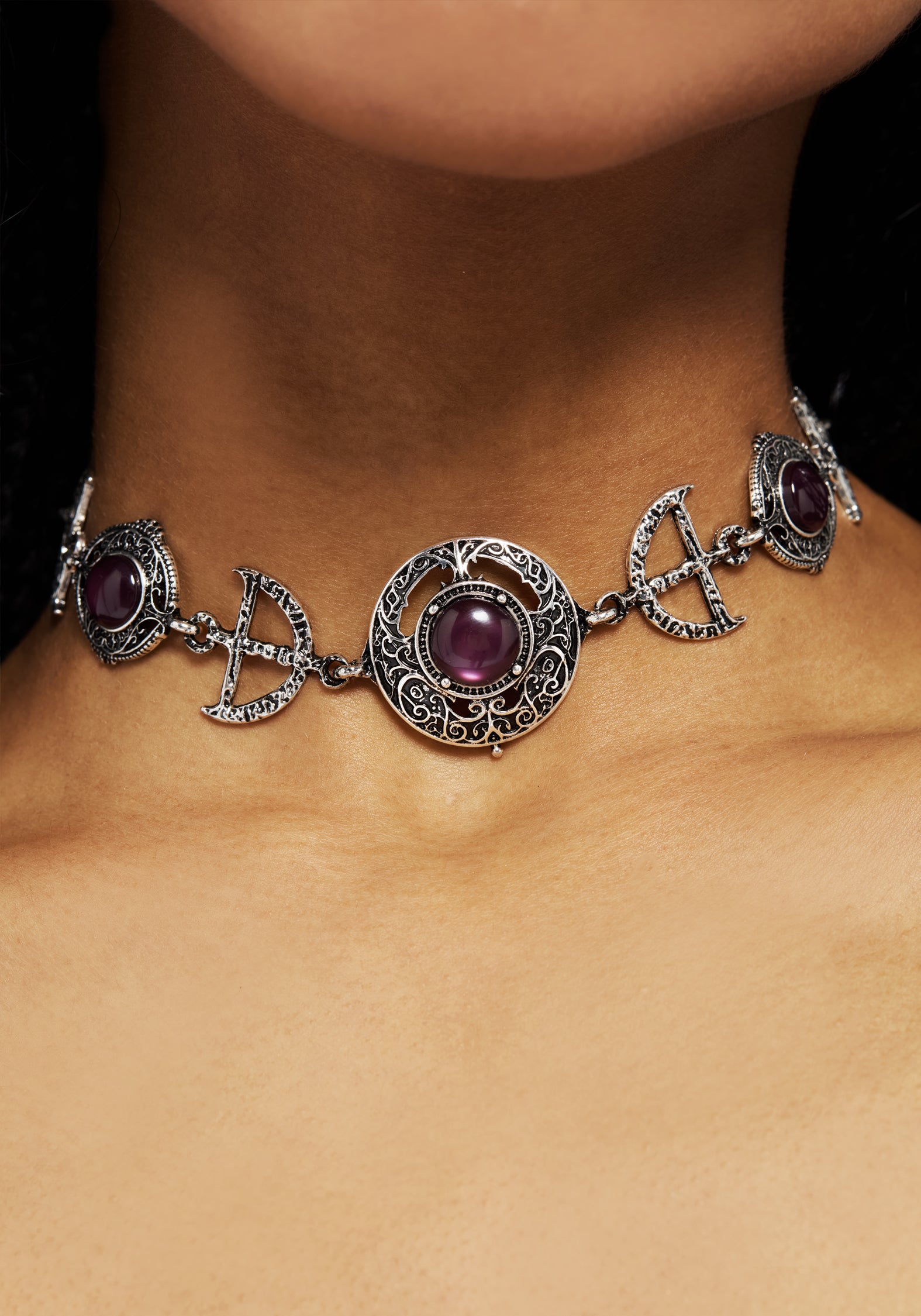 Silver Charm Choker Necklace with Purple Gems | Manea