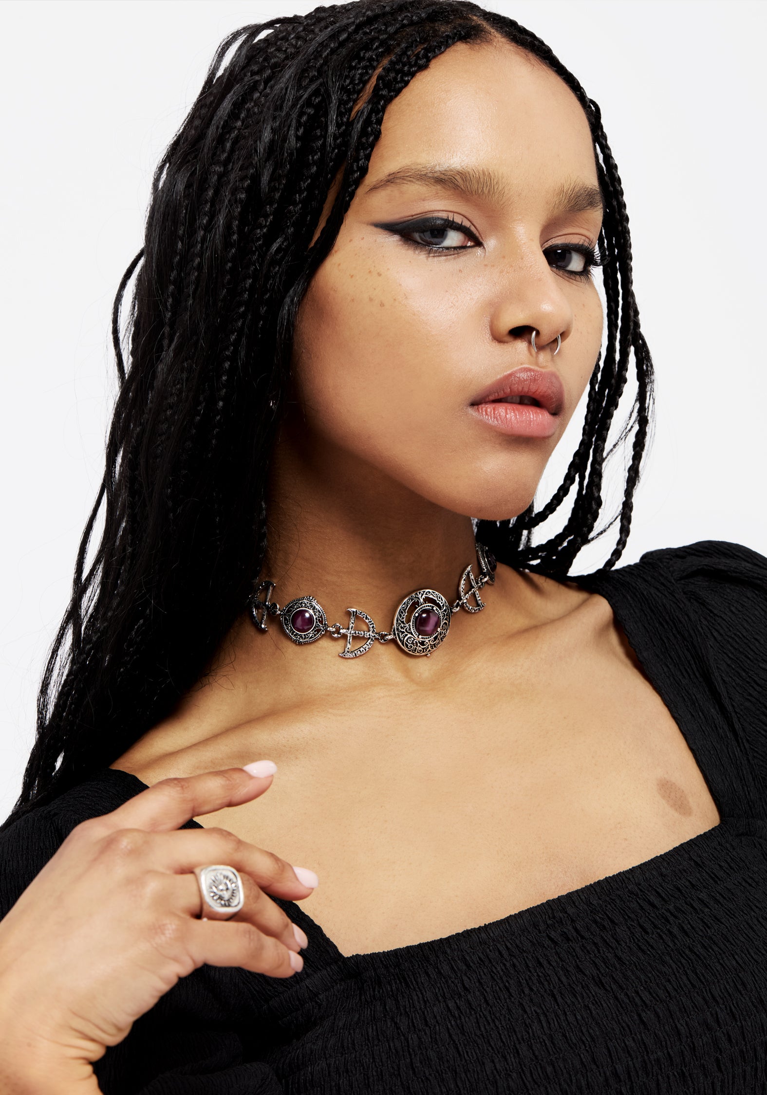 Silver Charm Choker Necklace with Purple Gems | Manea