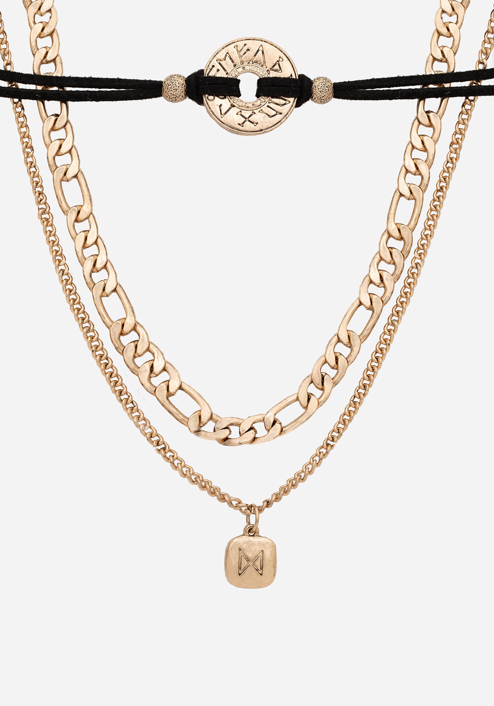 Gold Runes Layered Necklace with Faux-Leather Choker & Adjustable Chains | Norse Jewelry
