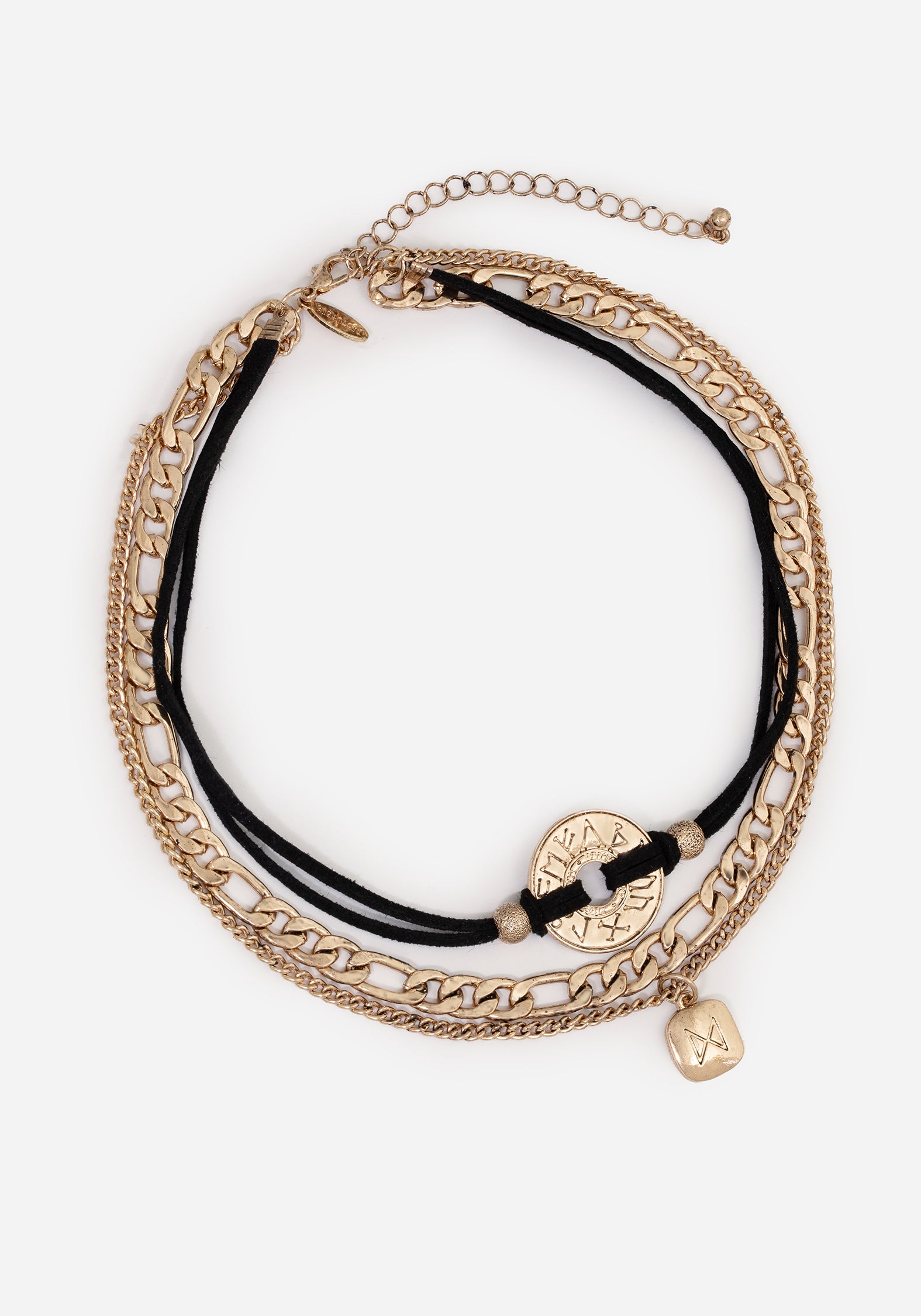 Gold Runes Layered Necklace with Faux-Leather Choker & Adjustable Chains | Norse Jewelry