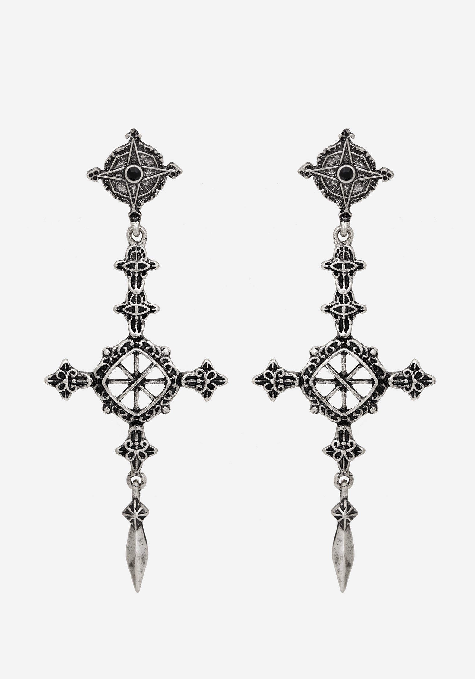 Silver Cross Drop Earrings with Black Gem & Compass Rose | Ciara