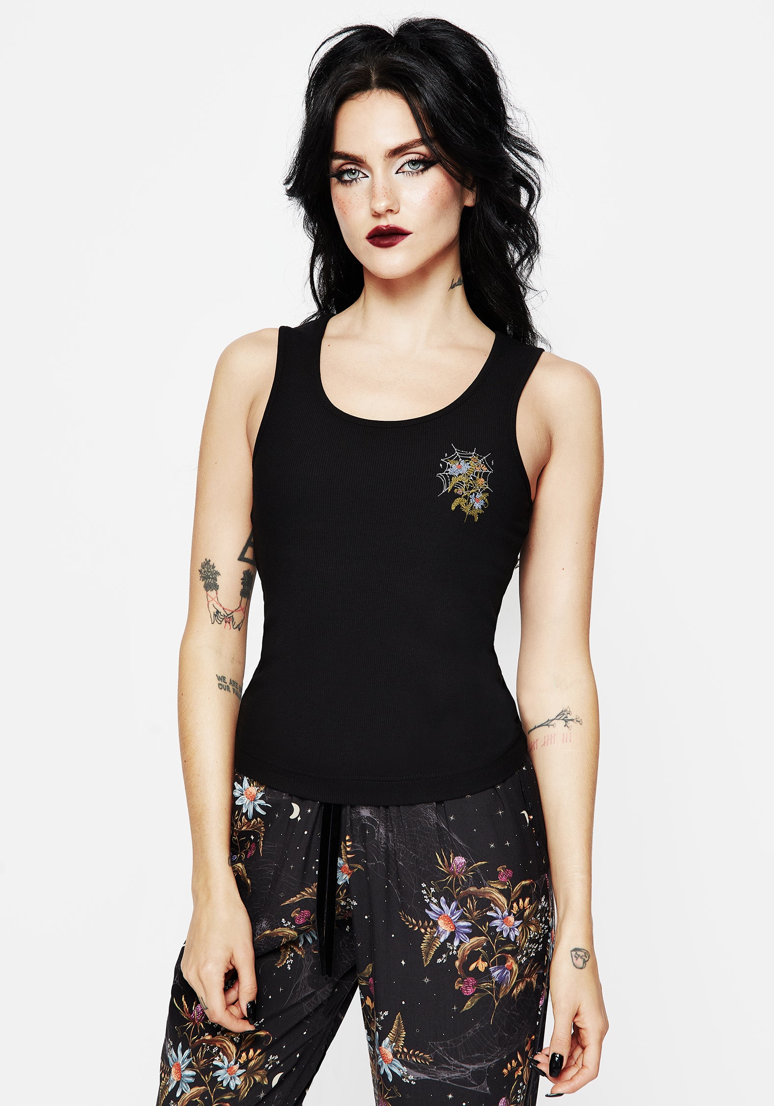 Floral Spiderweb Pajama Vest Top - Black Ribbed & Embroidered | Cleome