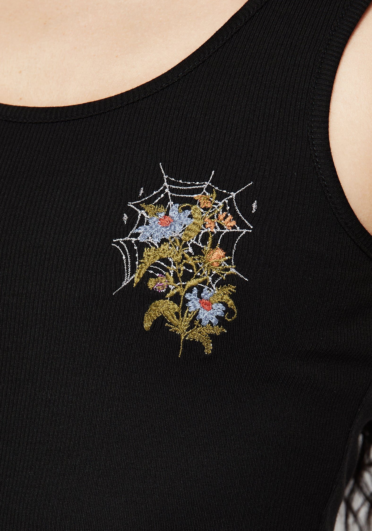 Floral Spiderweb Pajama Vest Top - Black Ribbed & Embroidered | Cleome