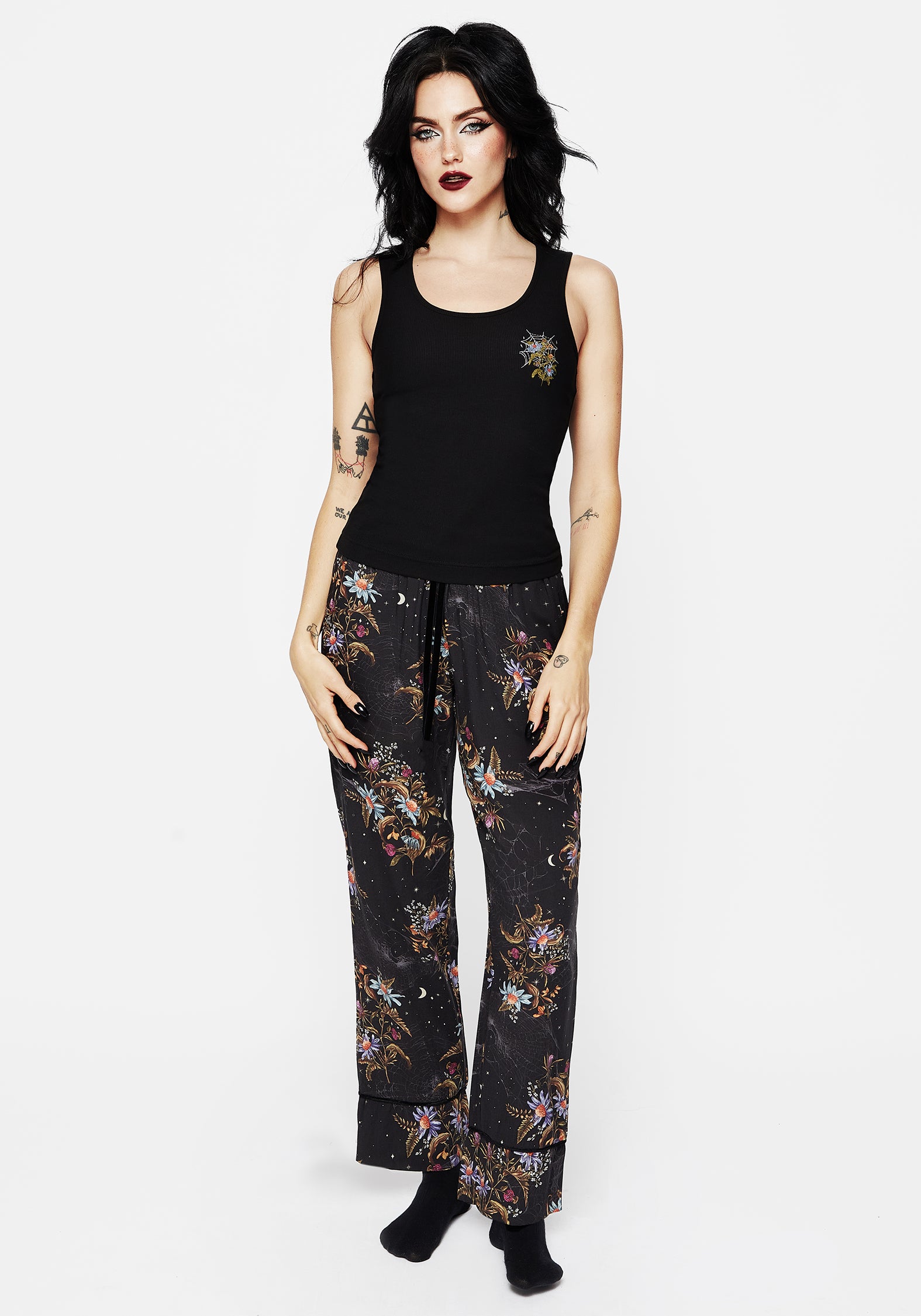 Floral Spiderweb Pajama Vest Top - Black Ribbed & Embroidered | Cleome