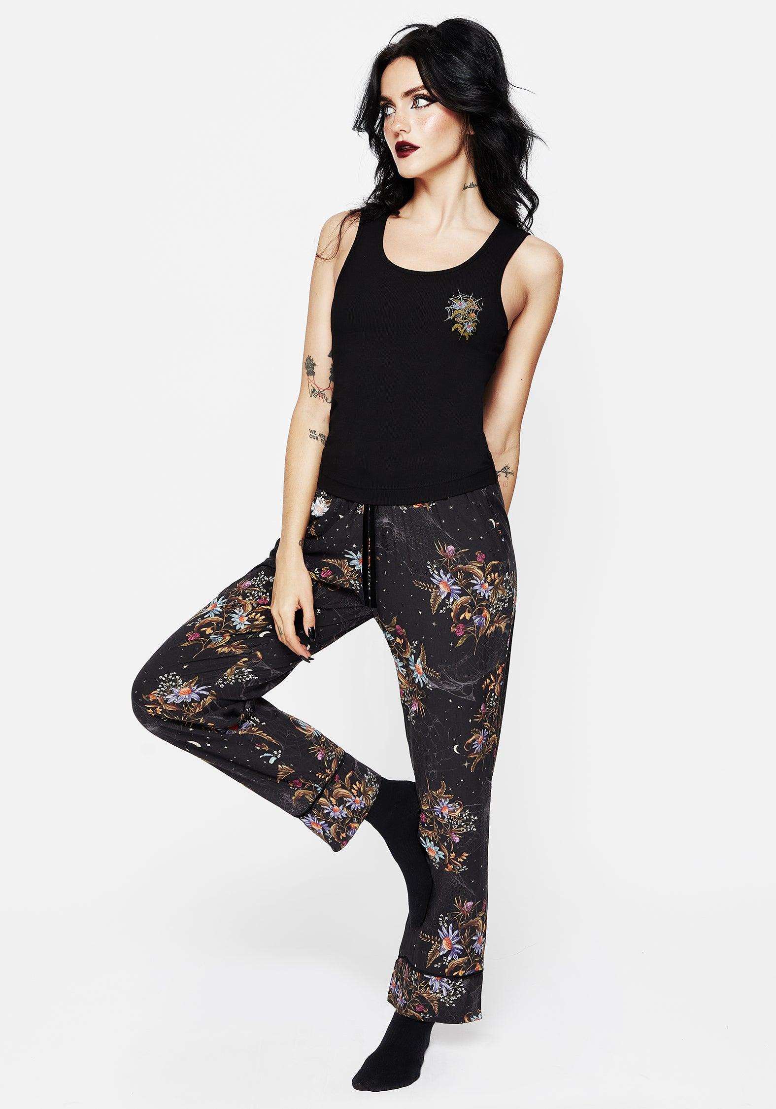 Floral Spiderweb Pajama Vest Top - Black Ribbed & Embroidered | Cleome