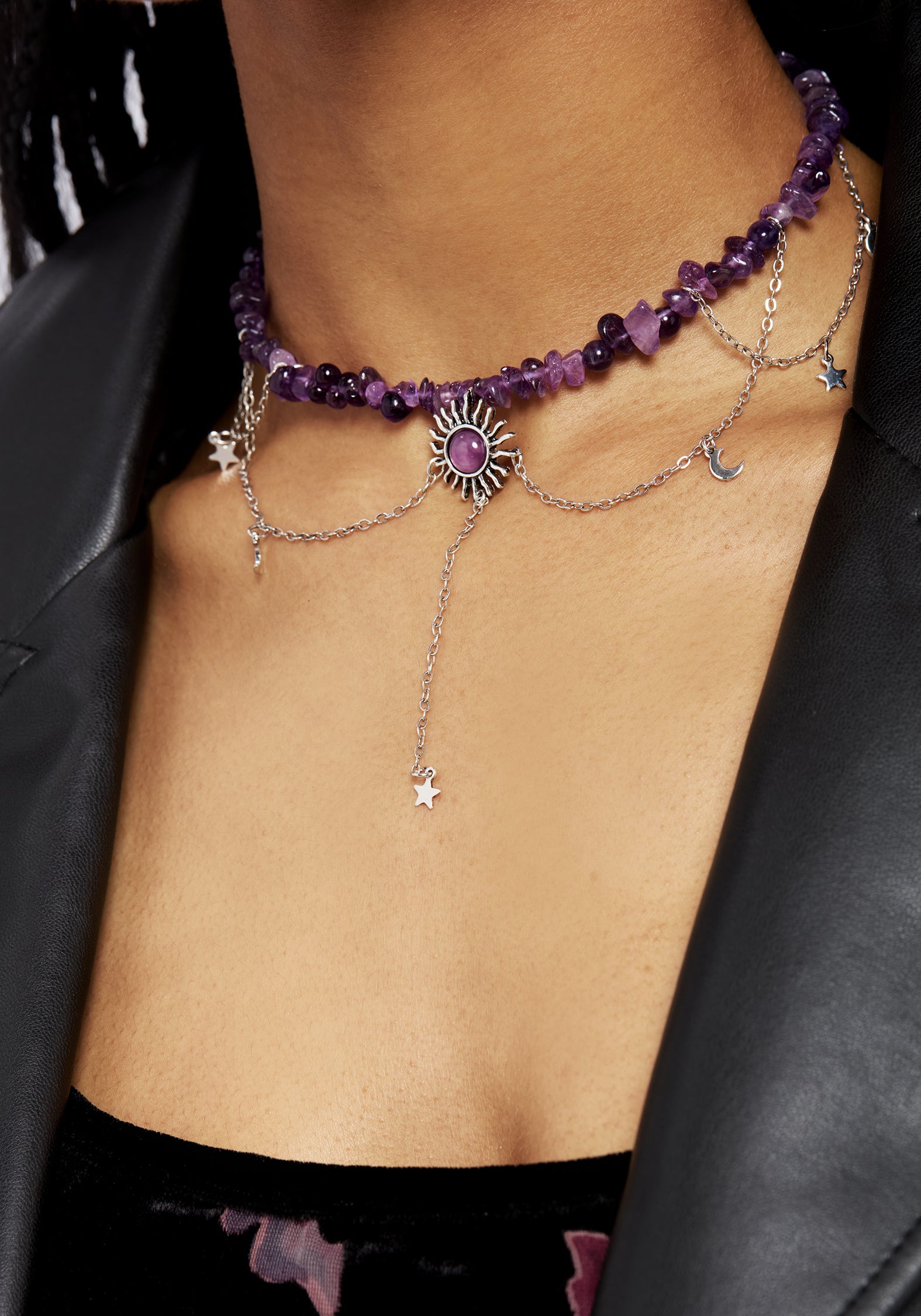 Purple Gem Choker Necklace with Sun Pendant & Silver Charms | Aurora