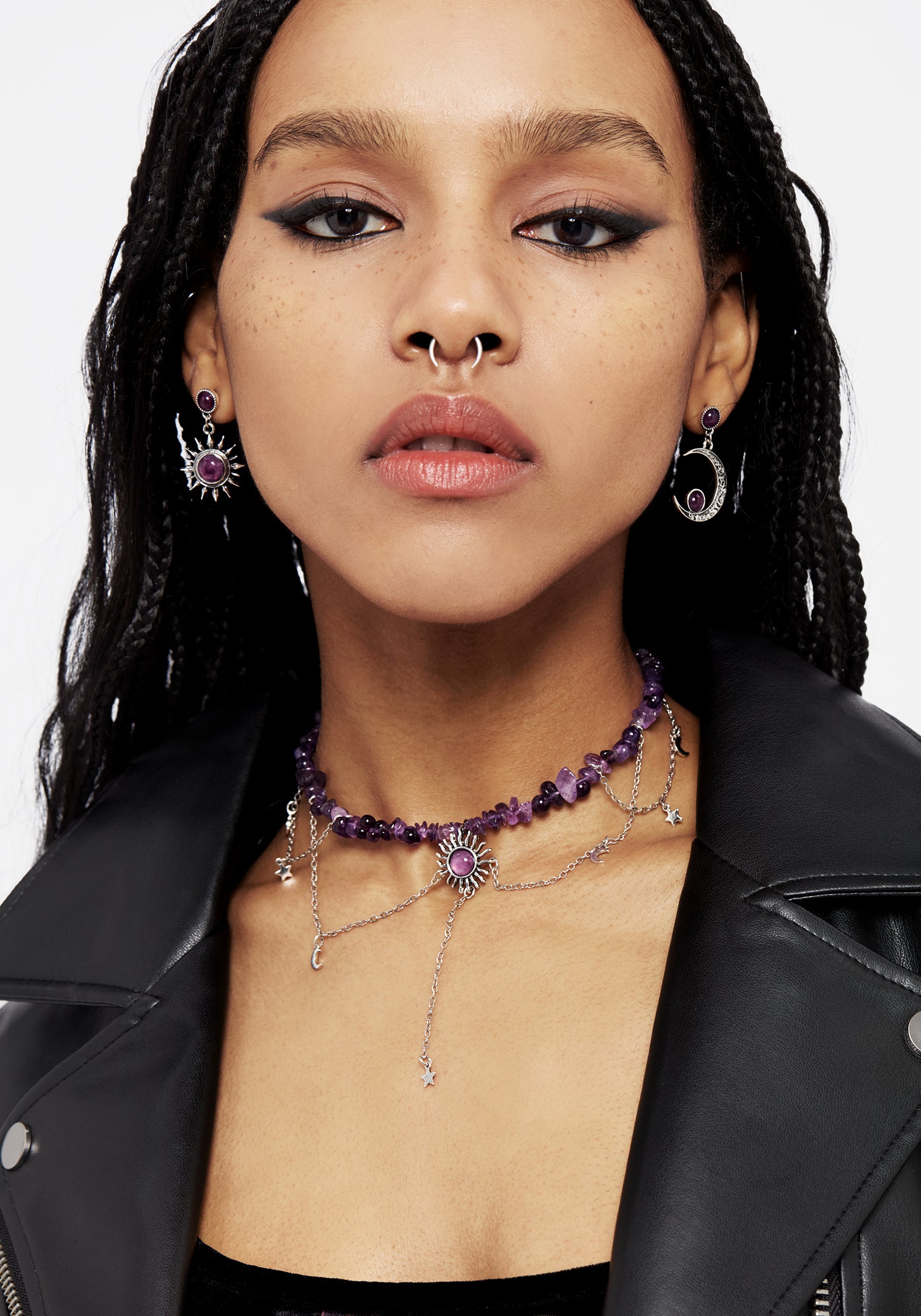 Purple Gem Choker Necklace with Sun Pendant & Silver Charms | Aurora