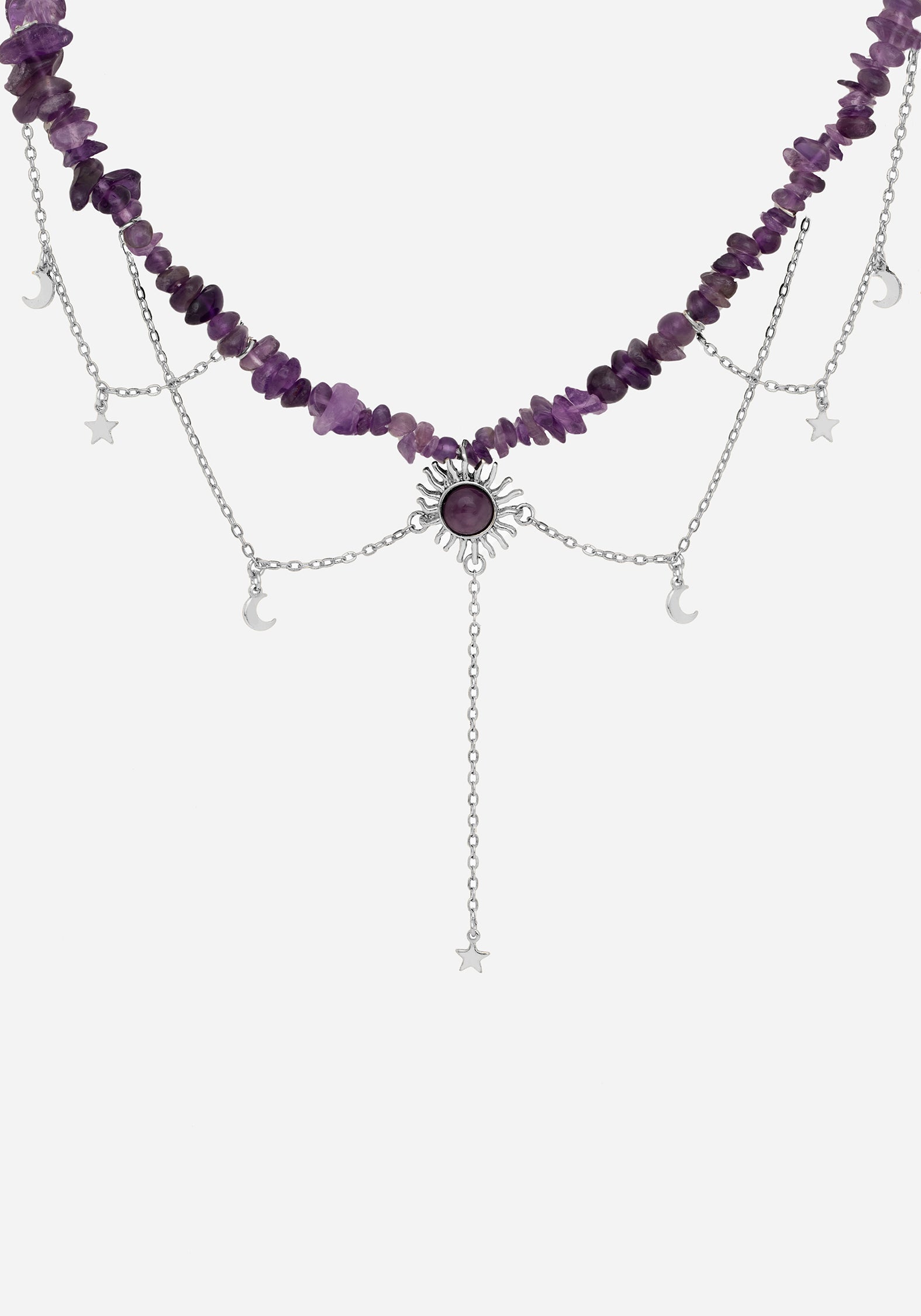 Purple Gem Choker Necklace with Sun Pendant & Silver Charms | Aurora
