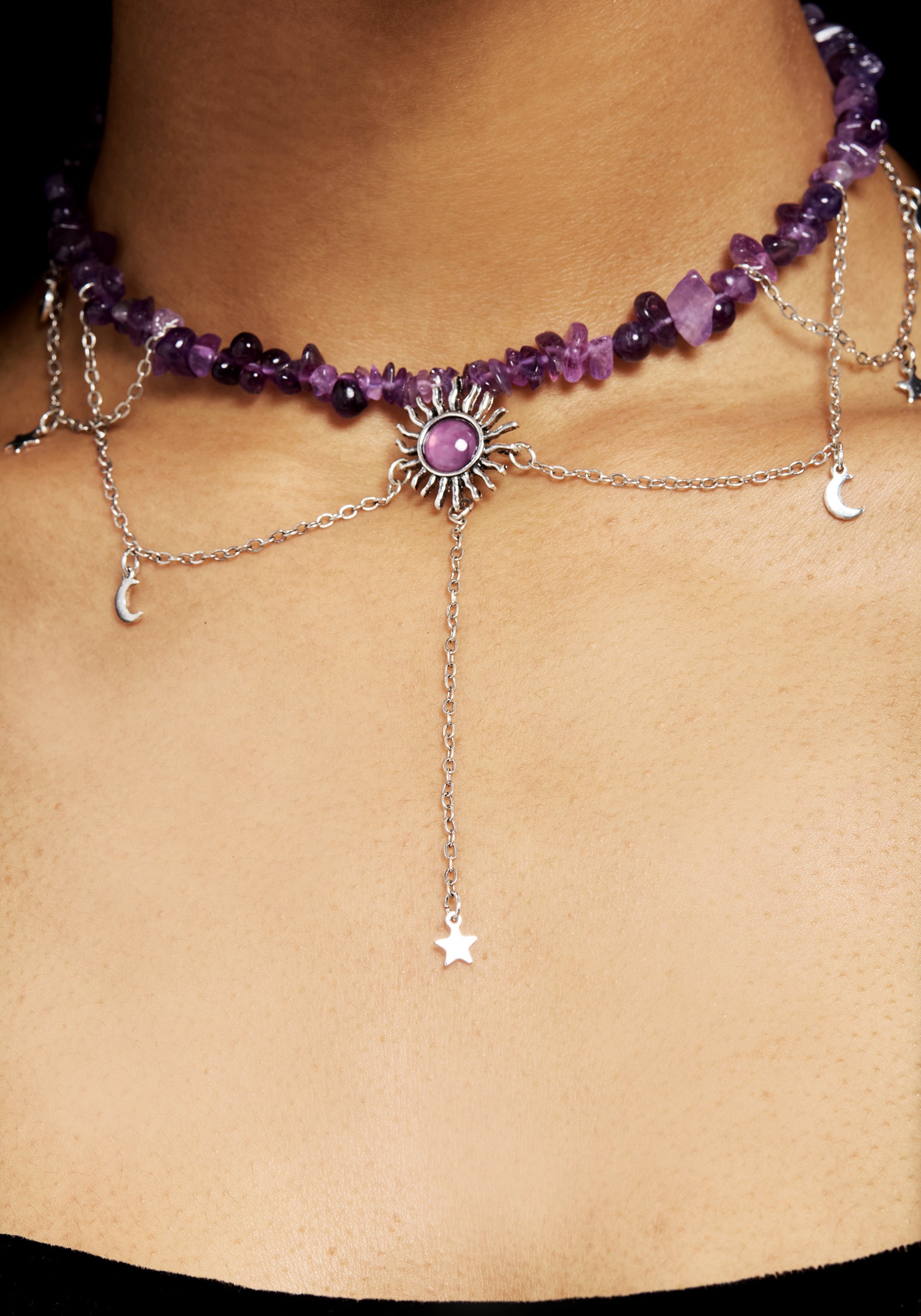 Purple Gem Choker Necklace with Sun Pendant & Silver Charms | Aurora