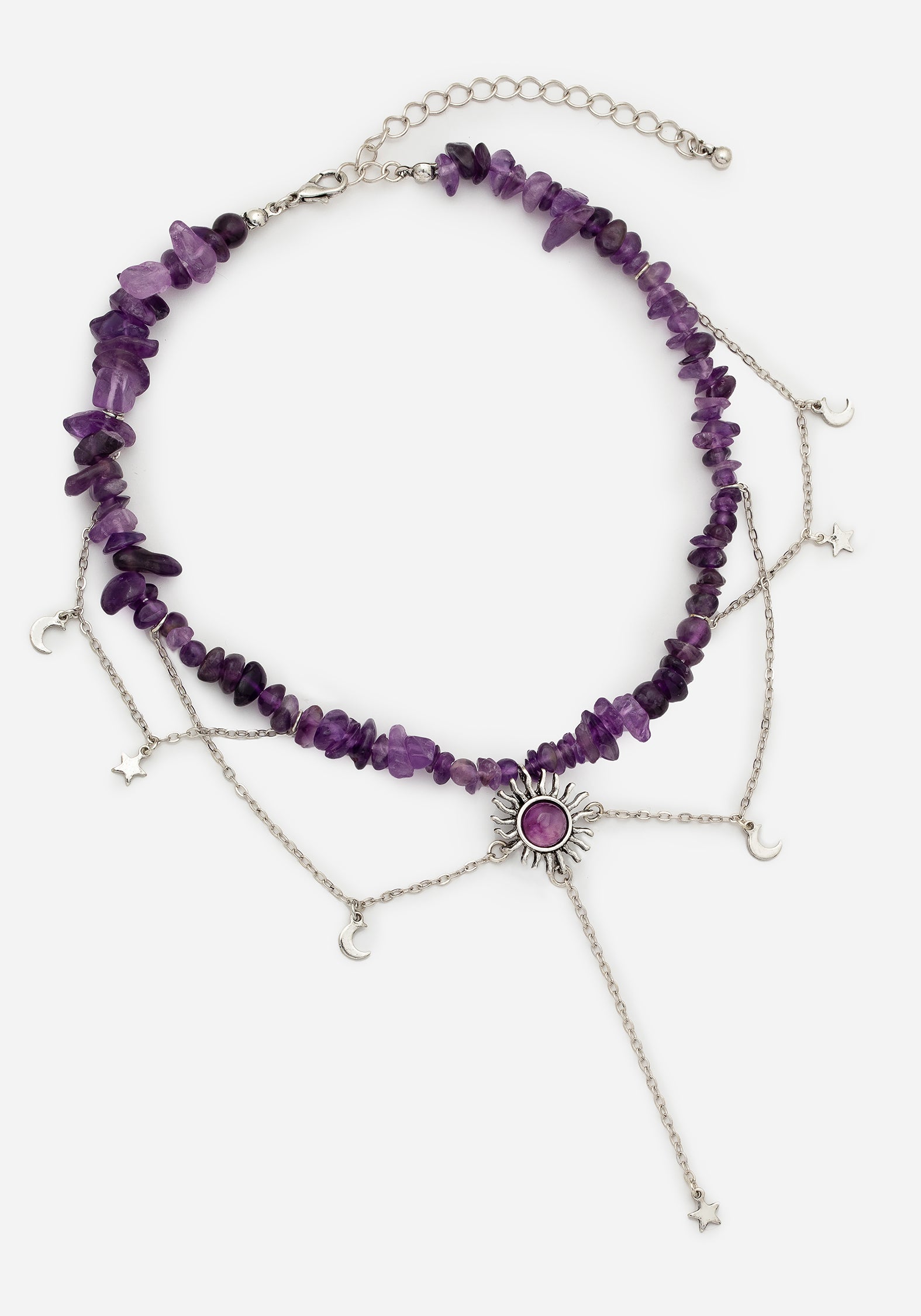 Purple Gem Choker Necklace with Sun Pendant & Silver Charms | Aurora