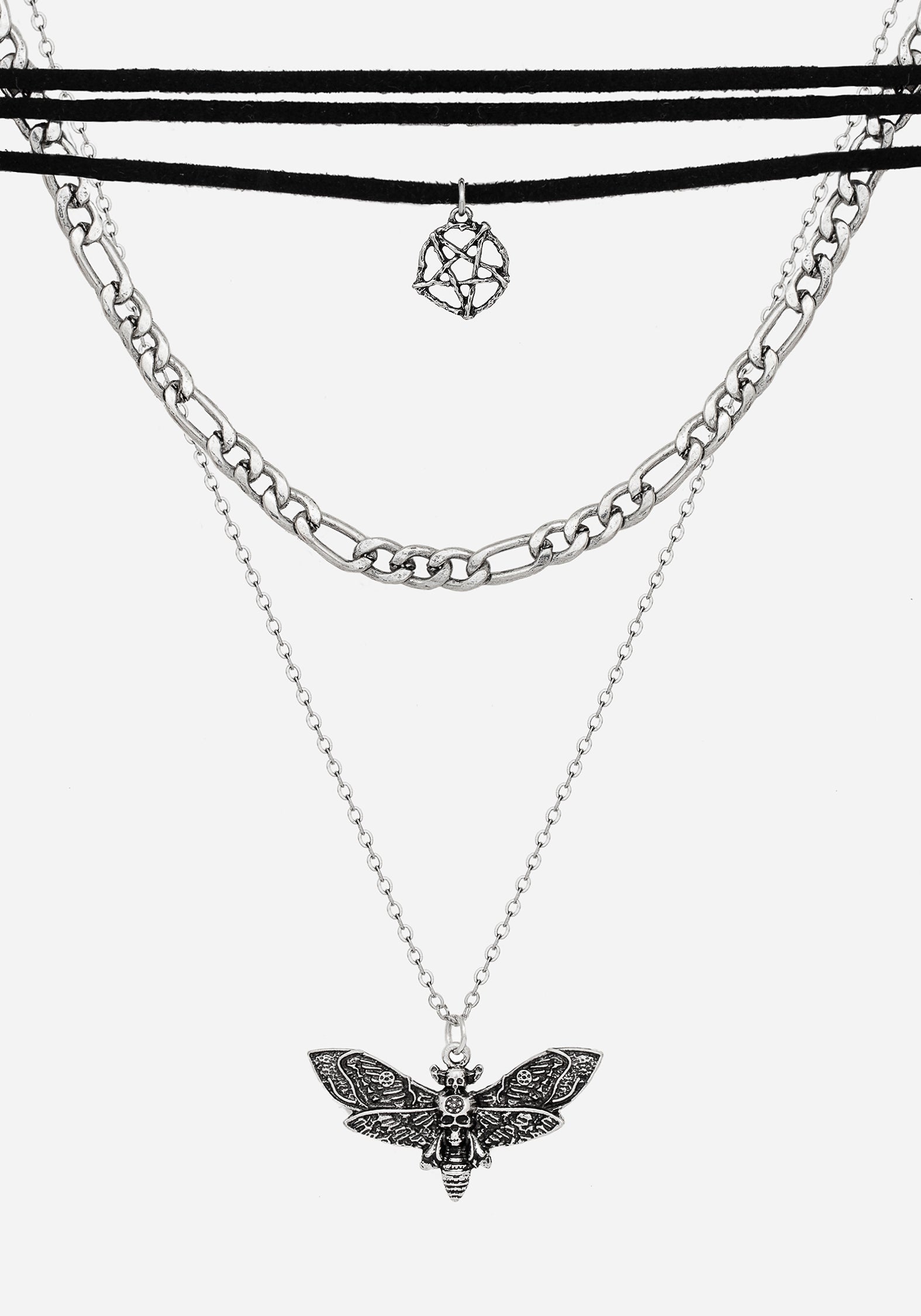Gothic Layered Choker Necklace with Moth Charm & Pentacle | Mortmoth