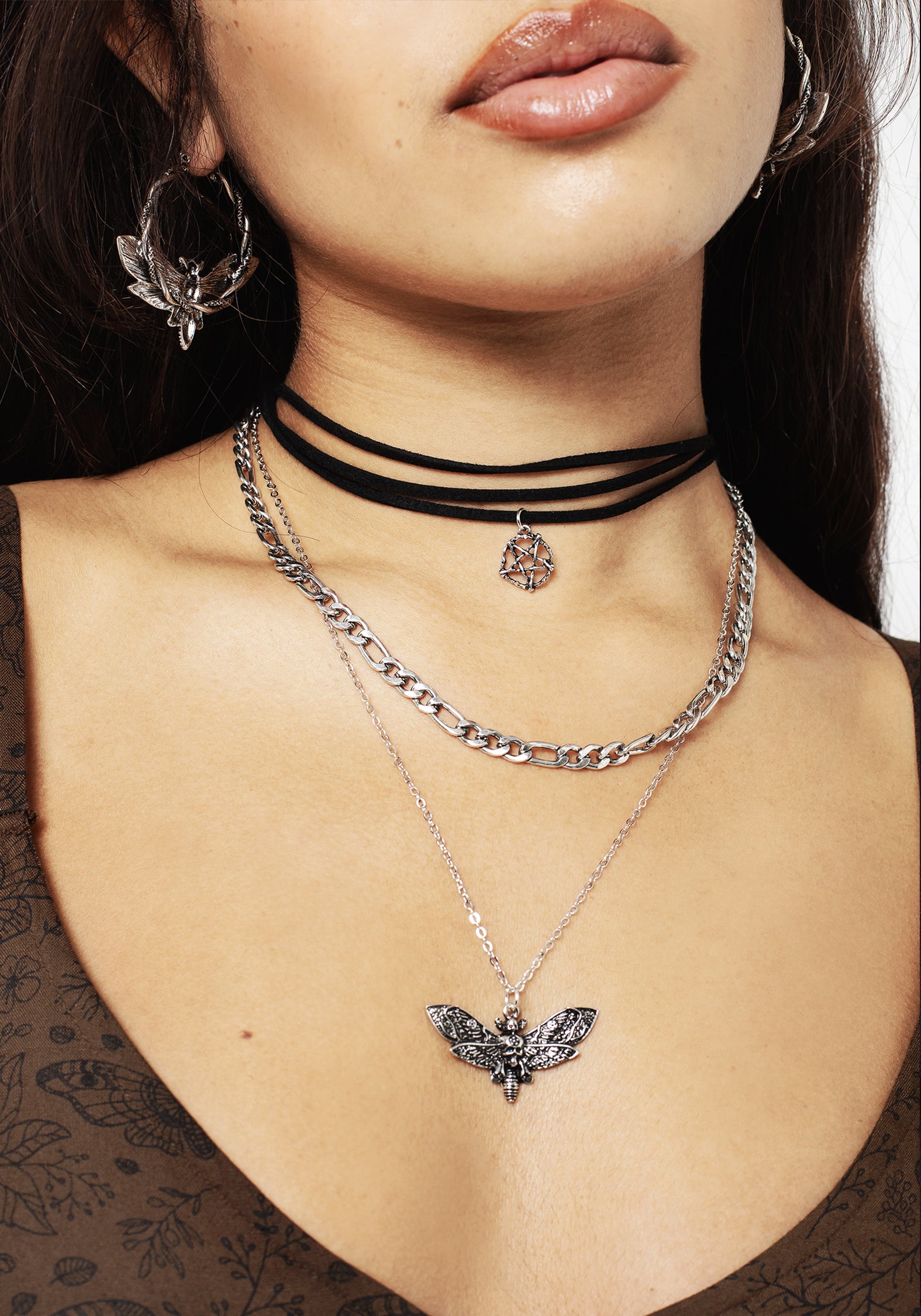 Gothic Layered Choker Necklace with Moth Charm & Pentacle | Mortmoth