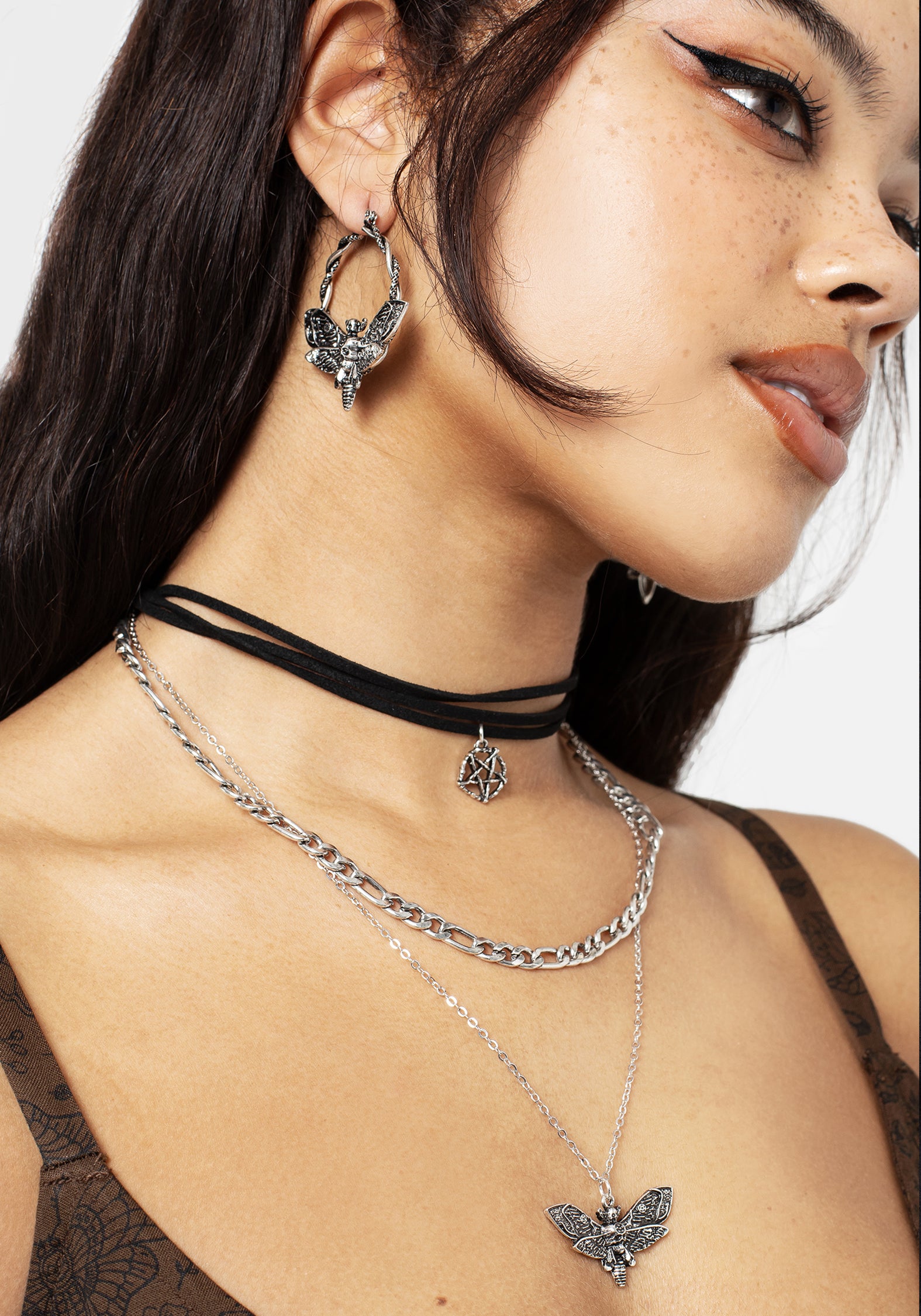 Gothic Layered Choker Necklace with Moth Charm & Pentacle | Mortmoth