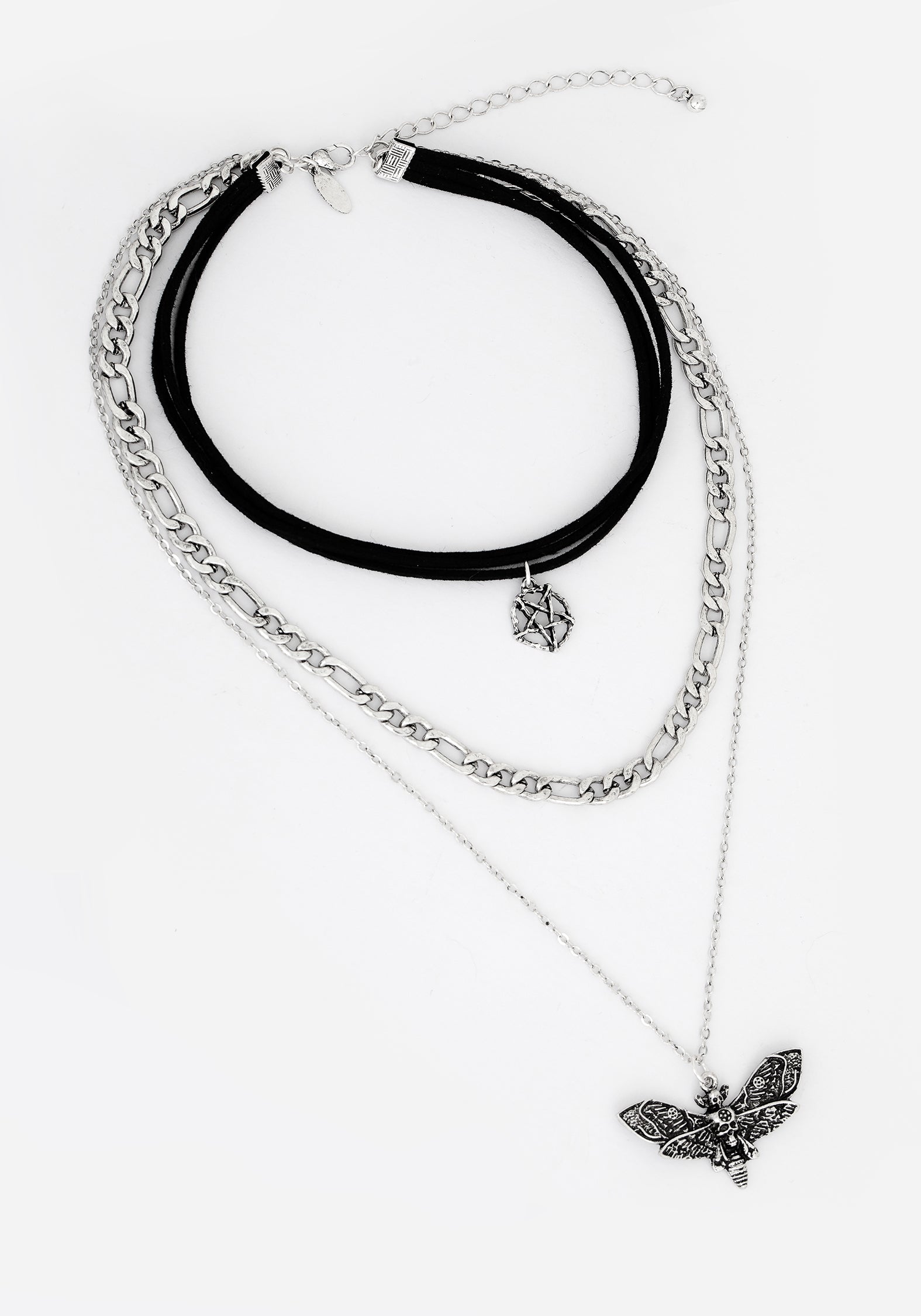 Gothic Layered Choker Necklace with Moth Charm & Pentacle | Mortmoth