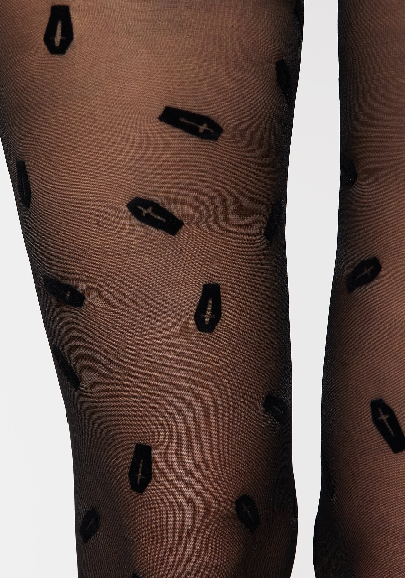 Flocked Coffin Print Tights - Black Velour & Sheer | Catacomb