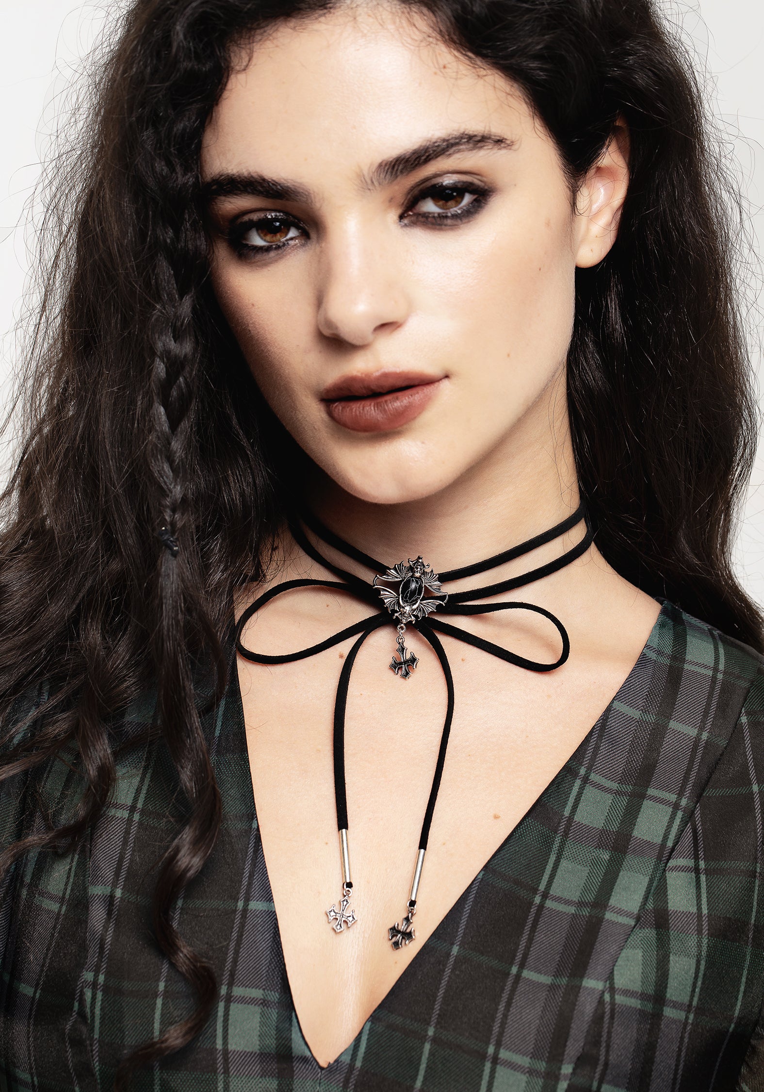 Gothic Gargoyle Choker Necklace with Cross Charms | Black & Silver