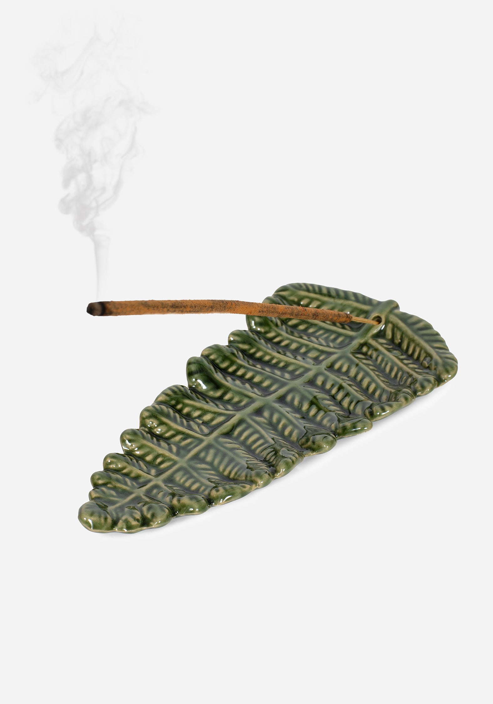 Fern Incense Holder with Metallic Green Glaze | Hand-Wrought Design