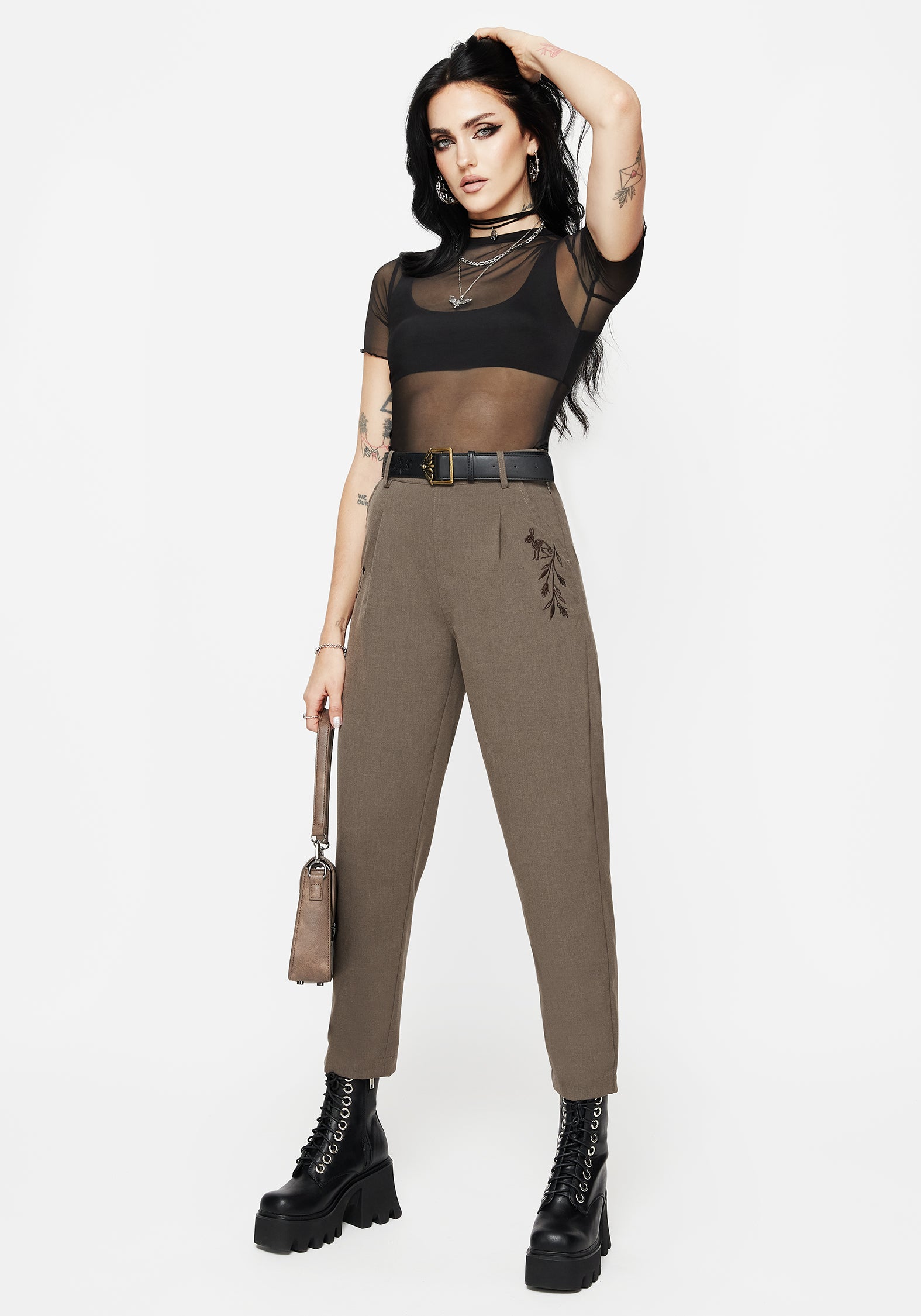 Brown High Waist Tapered Trousers with Embroidery & Self-Tie Belt | Hester