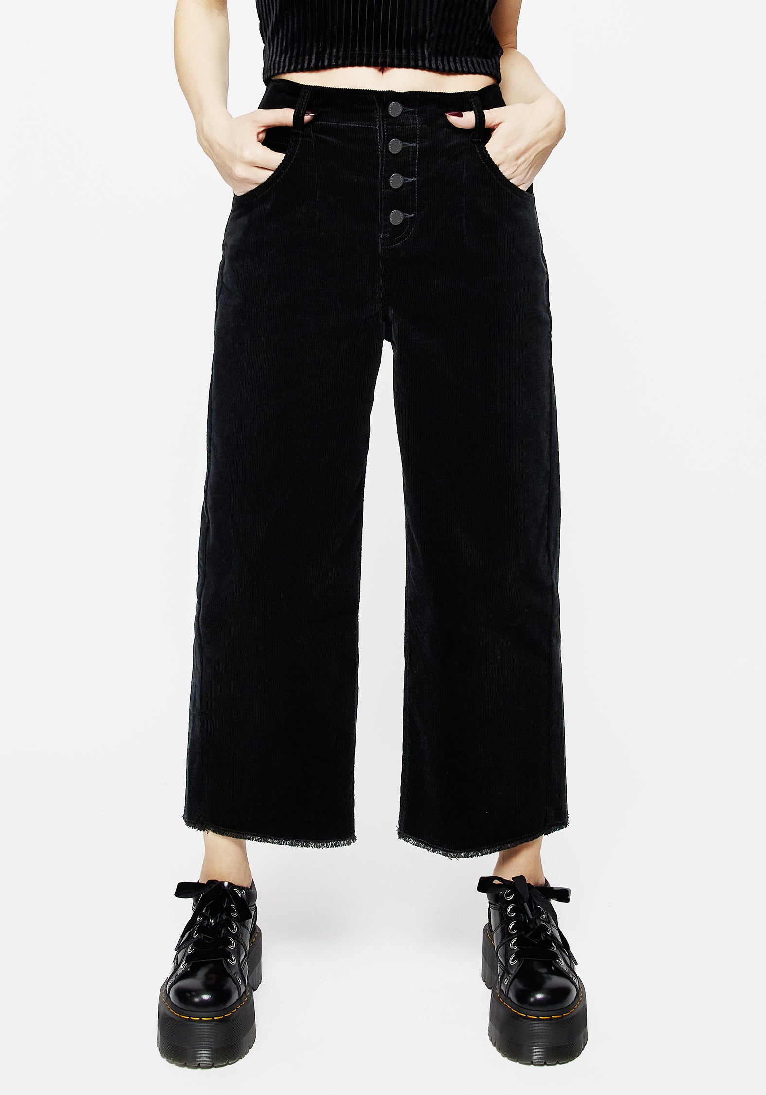 Black Corduroy Cropped Jeans with Button Fly | Foster Wide Leg