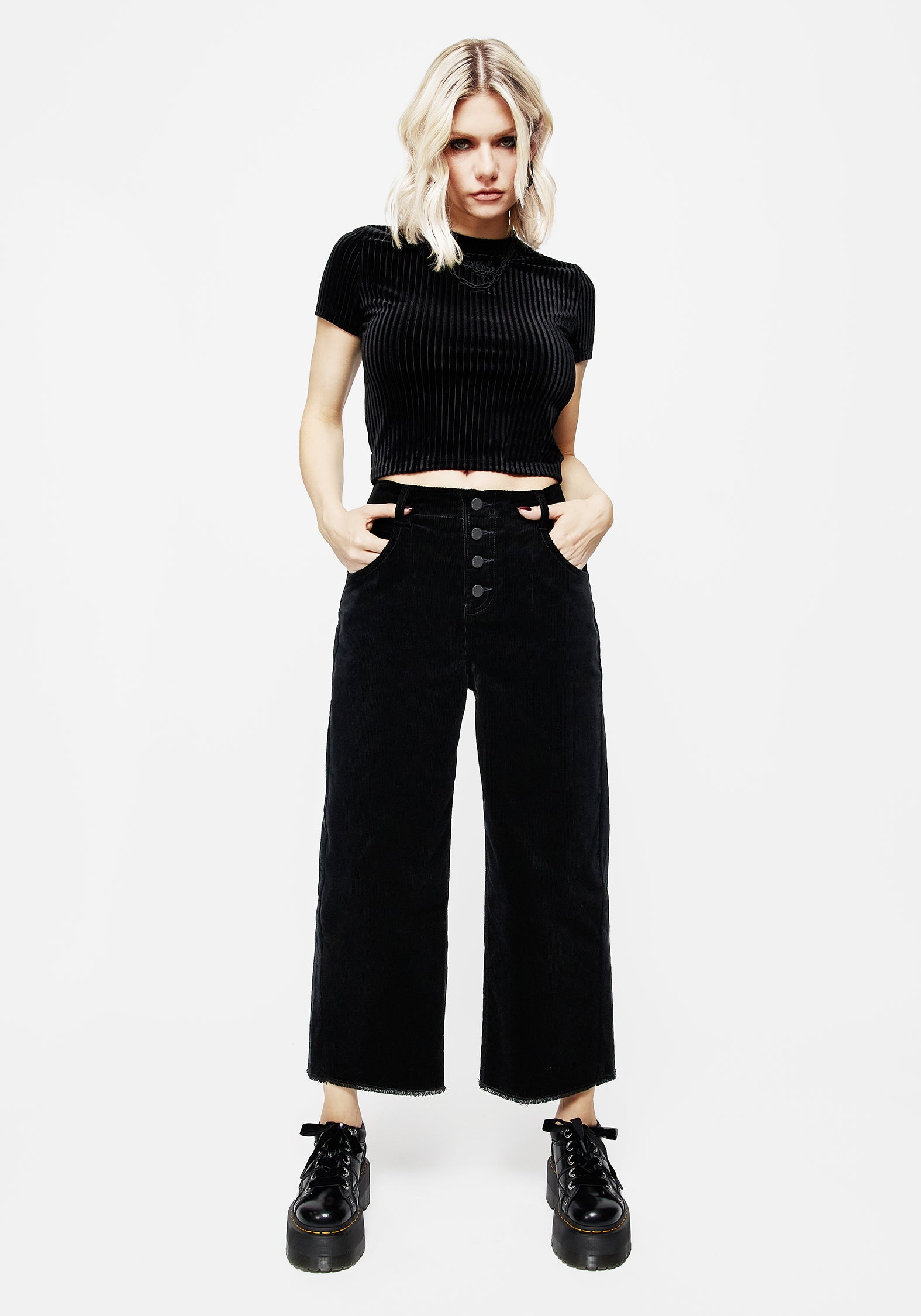 Black Corduroy Cropped Jeans with Button Fly | Foster Wide Leg