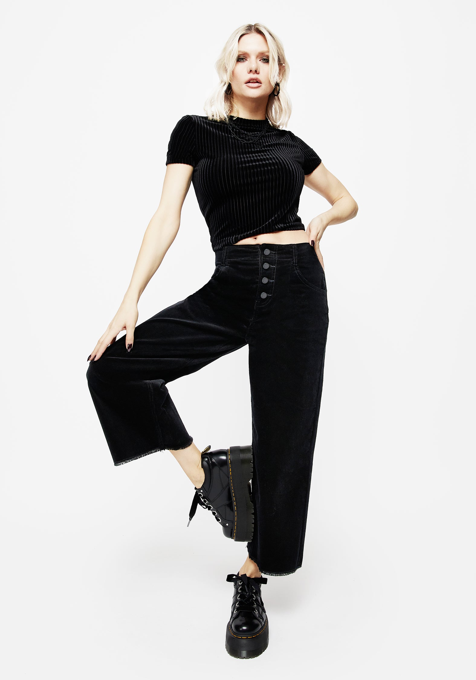 Black Corduroy Cropped Jeans with Button Fly | Foster Wide Leg