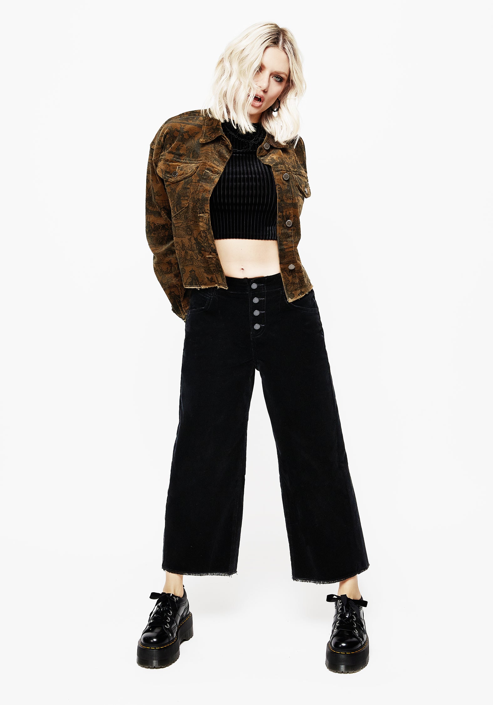 Black Corduroy Cropped Jeans with Button Fly | Foster Wide Leg