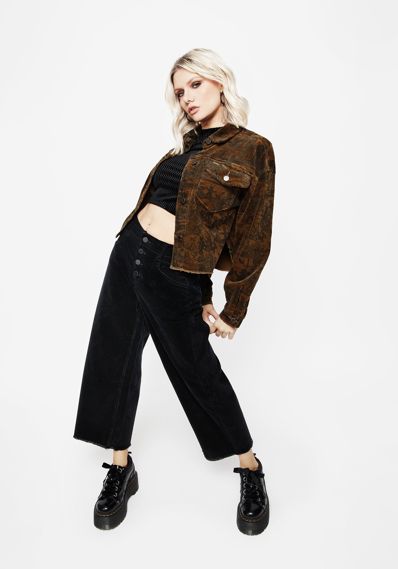 Black Corduroy Cropped Jeans with Button Fly | Foster Wide Leg