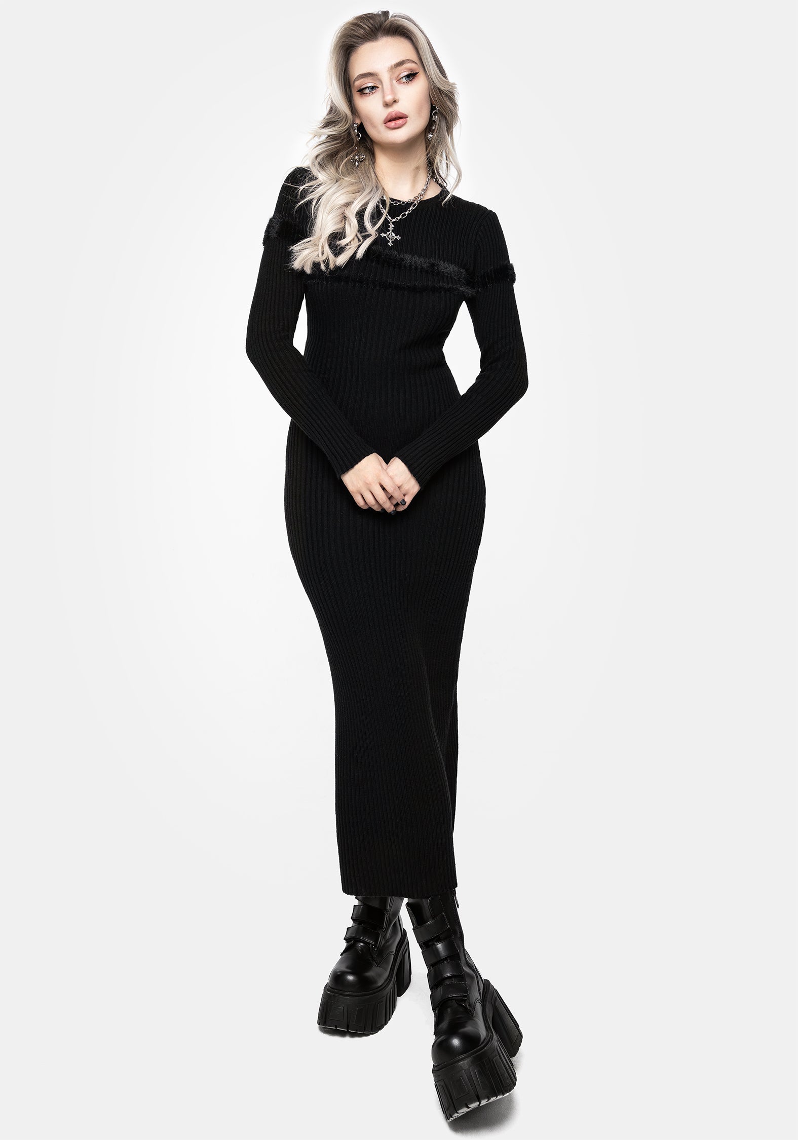 Black Rib Knit Maxi Dress with Fluffy Stripe | Typhon
